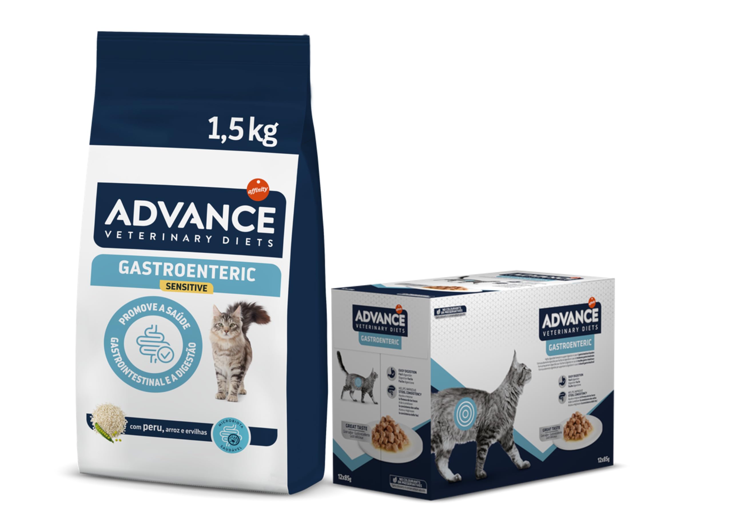 Advance Veterinary Diets Gastroenteric Sensitive, Pienso para Gatos con Trastornos gastrointestinales, 1,5kg + Advance Veterinary Diets Gastroenteric - Comida Húmeda para Gatos: Multipack 12 x 85g