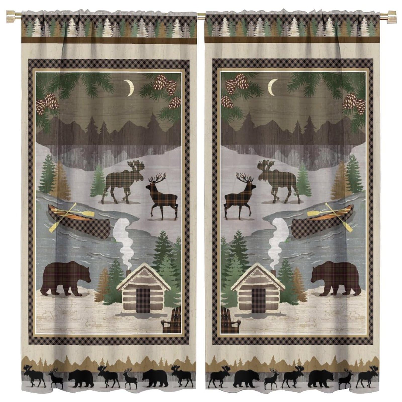 JESTRONRY Rustic Moose Bear Blackout Curtains,Forest Tree Farmhouse Cabin Country Decor Room Darkening Rod Sleeves Window Drapes for Bedroom Kitchen