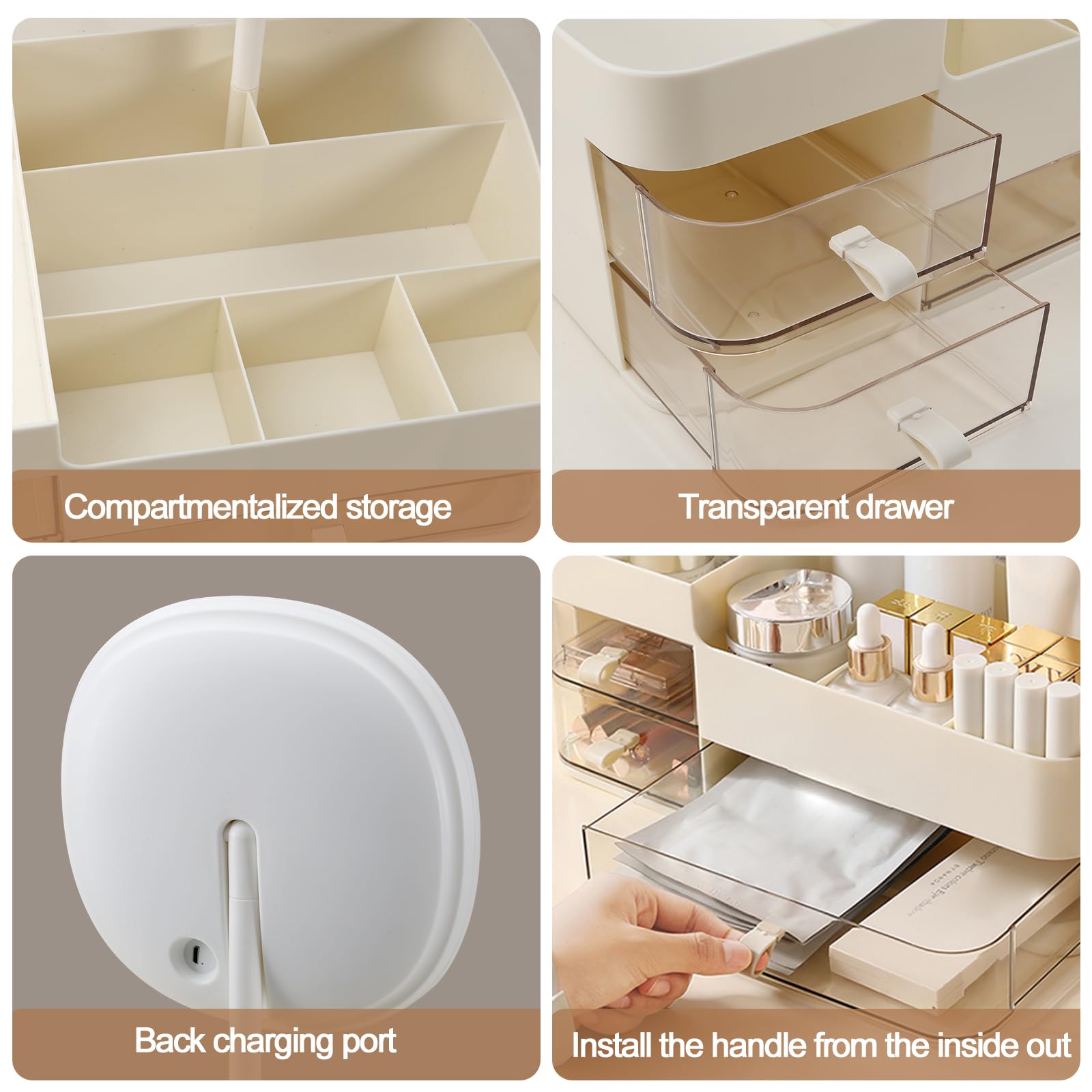 DASITON Make up Kosmetik Organizer mit Spiegel, Großer Kosmetik Aufbewahrung mit 3 Schubladen, Makeup Organizers für Schlafzimmer Schminktisch Badezimmer Organizer Schminke Lippenstift Perfume (Creme)