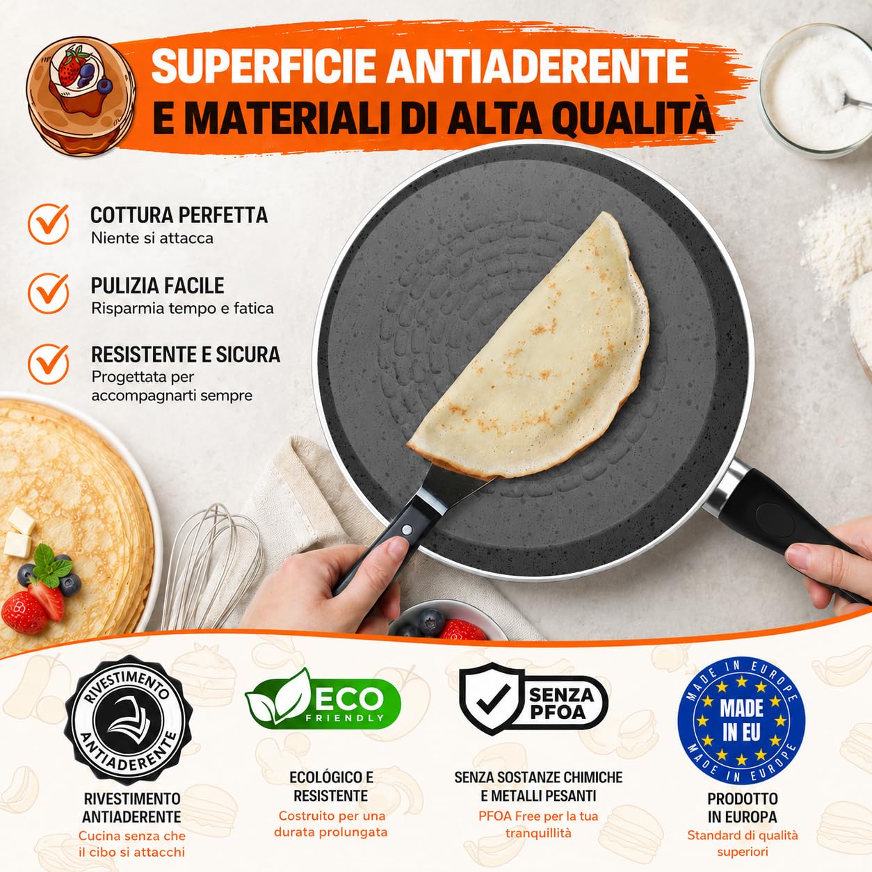 TEHORNEO Padella Crepes, Padella per Crepes 28 cm Alluminio Antiaderente, Crepiera, Padella per Piadina, Padella Piadina, Crepiera Induzione 28 cm, Adatto a Induzione, Vitro, Gas