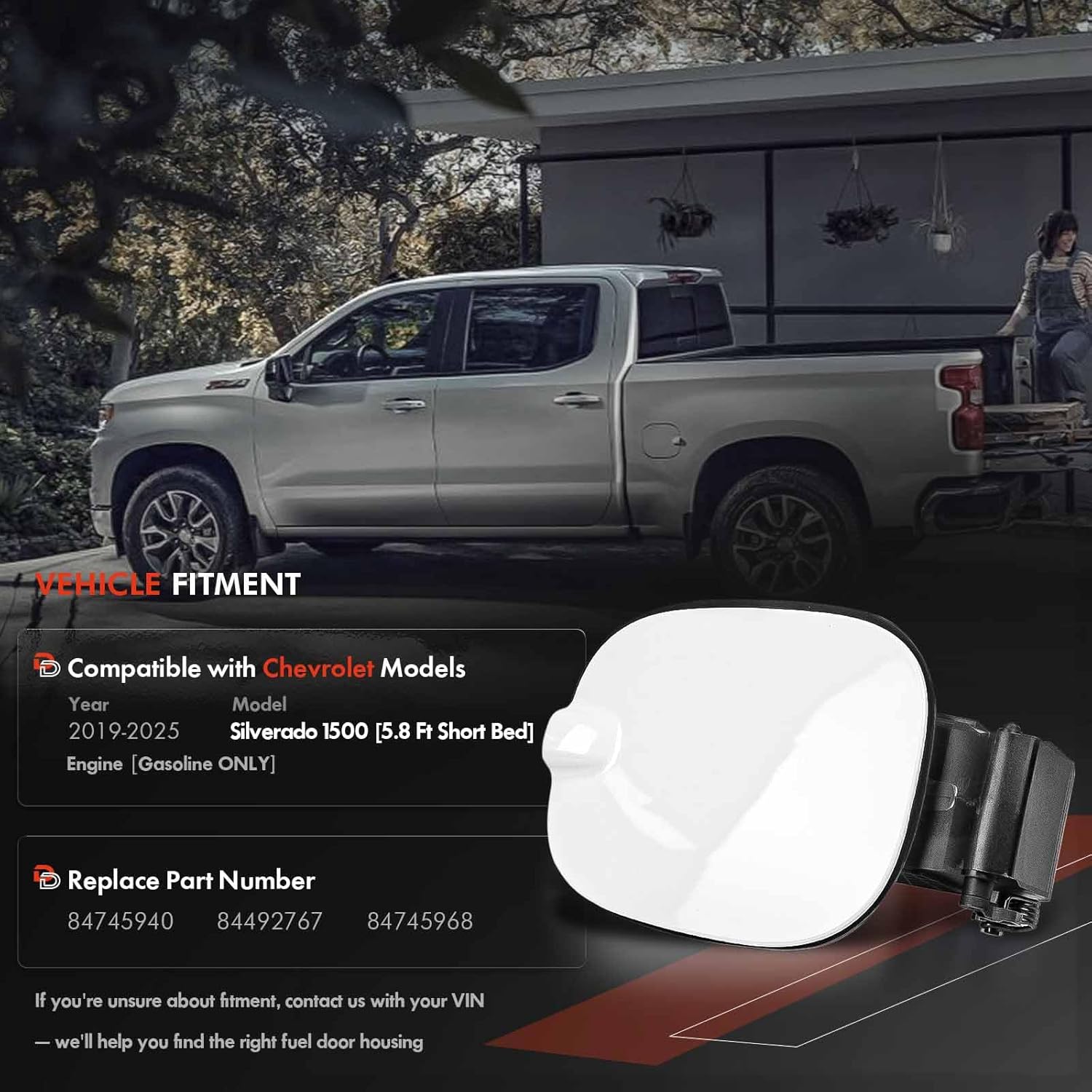 Fuel Tank Filler Pipe Housing with Cap Door Fit for Chevy Silverado 1500 2019-2025 - Only Fit Chevrolet Gas 5'8" Bed - Gas Cap Tank Door Cove Pocket Assembly Replace# 84745940, 84745968 - White