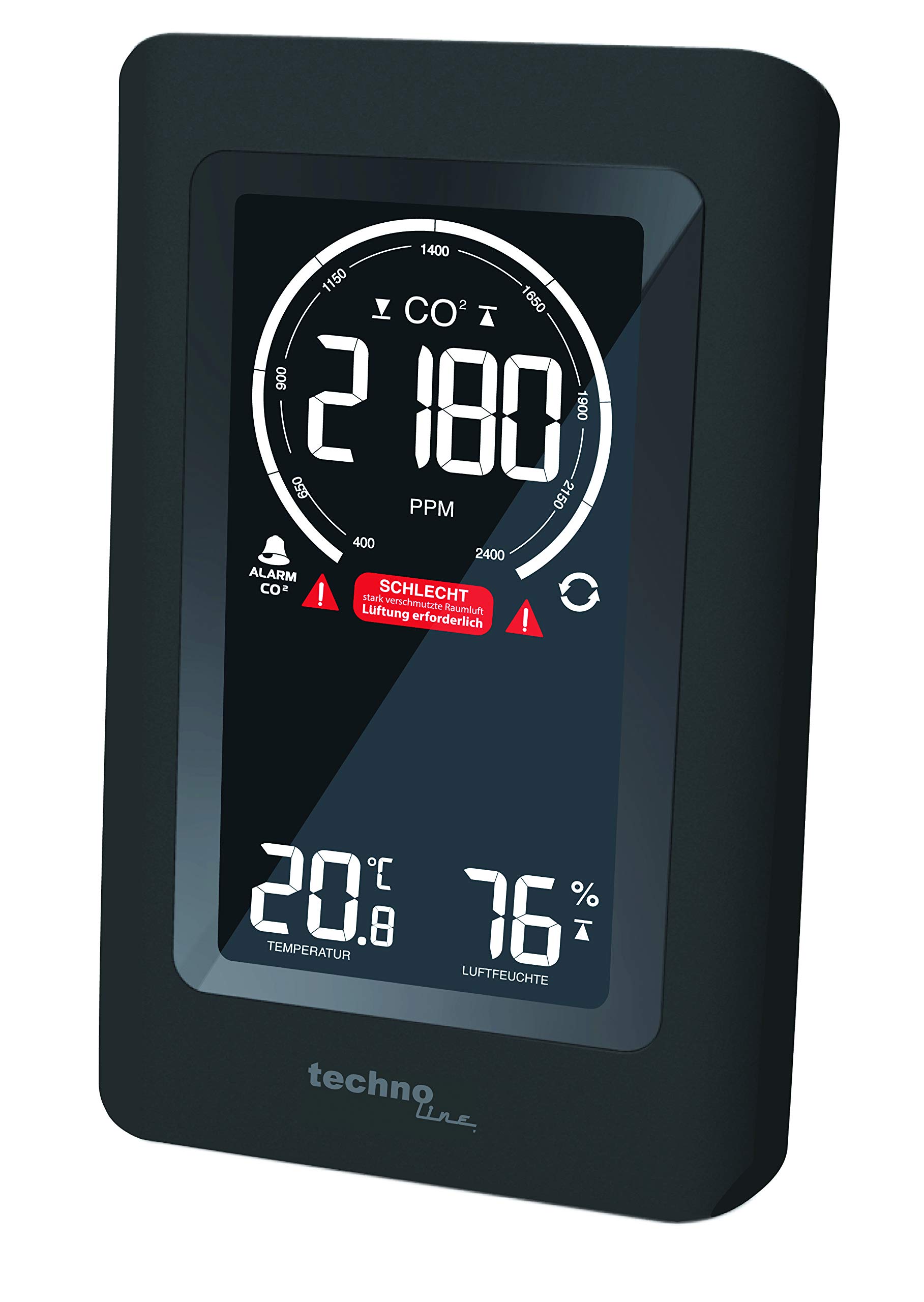 Technoline Co2 Meter WL1030, CO2 Display, with Graphic, Coloured Ventilation Recommendations (Green, Yellow, Red), NDIR Sensor, Black