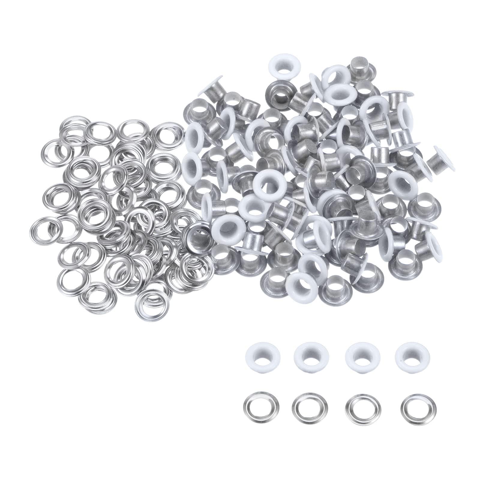 TA-VIGOR 100pc 4mm 1/6" Grommets Kit Metal Eyelets with Washers, Small Grommet Self Backing Eyelet Kit for Leather, Fabric, Canvas, Shoes, Clothing, Bags, Belt and DIY Craft Projects, White