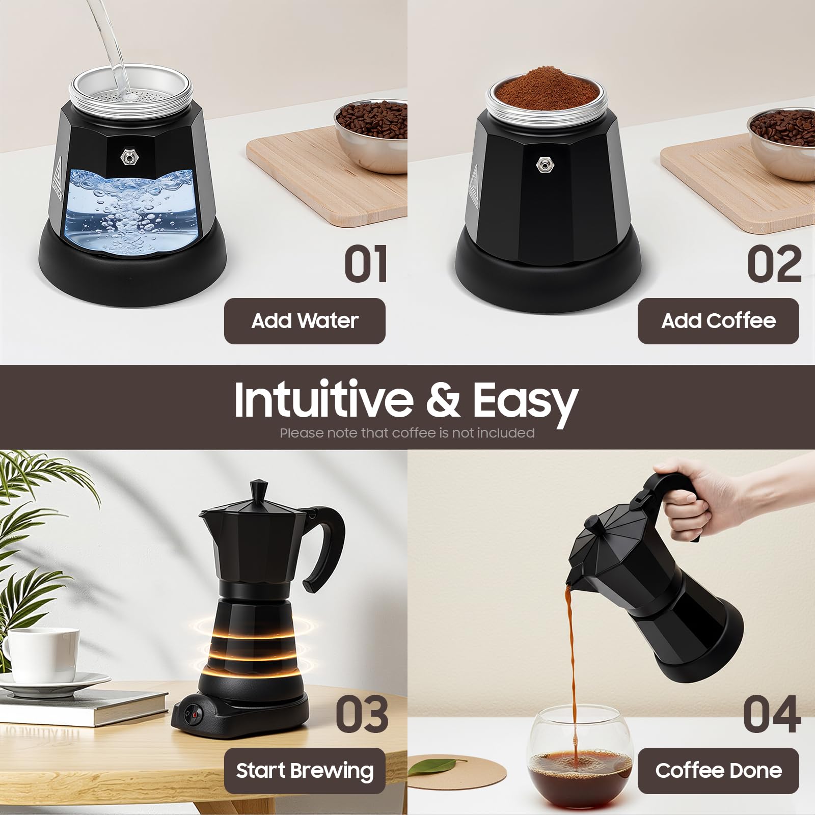Cafetera eléctrica de 480 W, 300 ml, cafetera de aluminio, para 2-3 tazas de capuchino y americano, con válvula de seguridad, mango anticaldo, adecuado para el hogar y la oficina