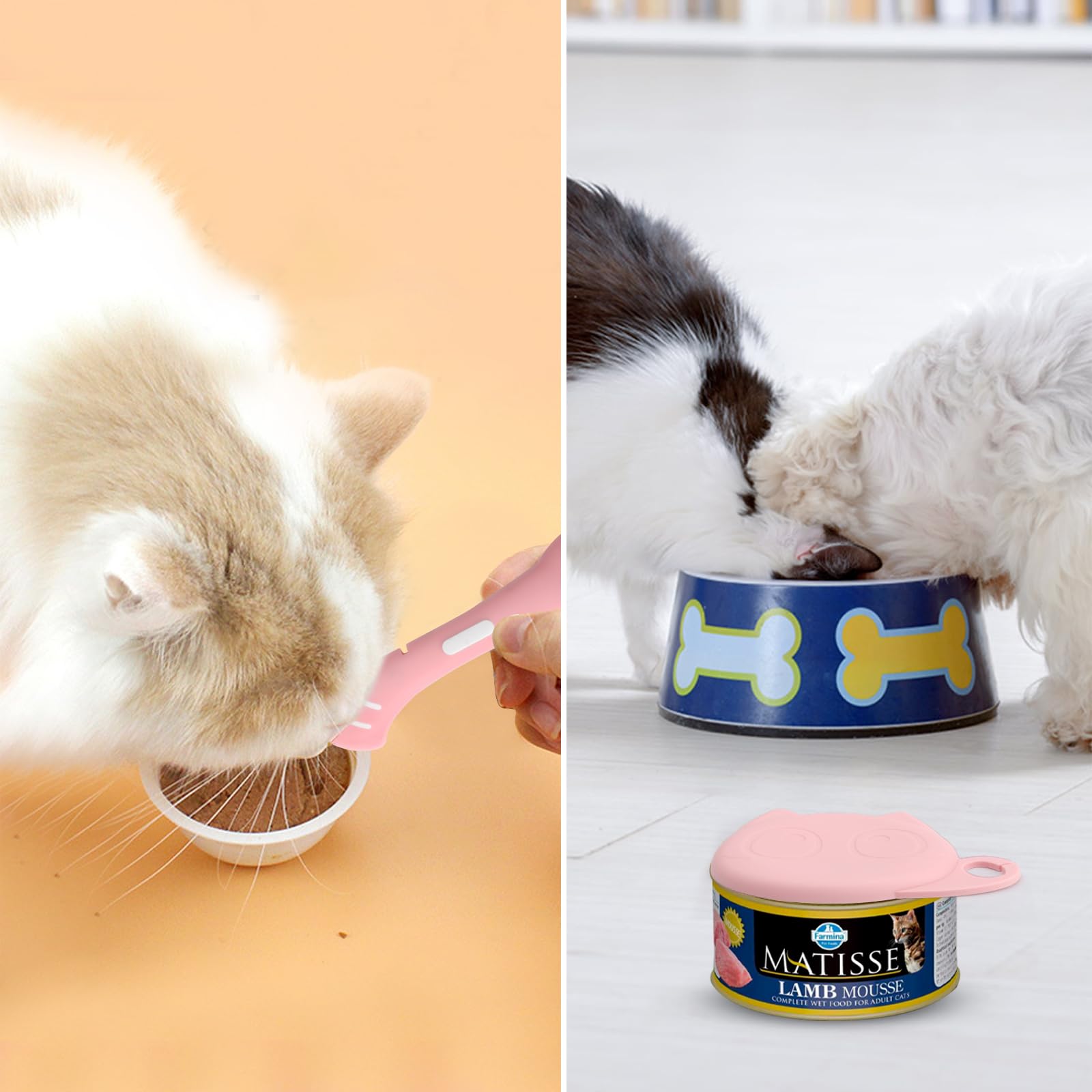 Set di 2 cucchiai per cibo per gatti, multifunzionali, apriscatole e custodia in silicone senza BPA, per alimenti per animali domestici, gatti, cani, alimenti per animali domestici