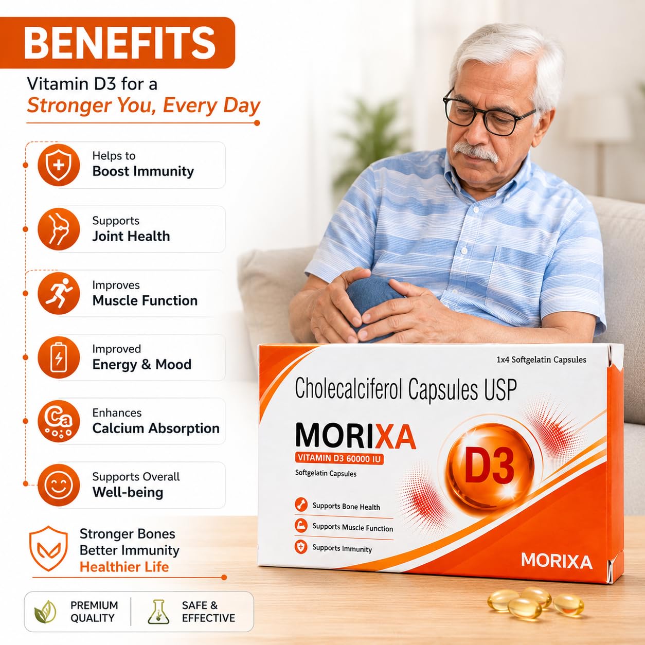 MORIXA D3 60000 IU Vitamin D3 Softgel Capsules | 3 Strips x 4 Capsules | 12 Capsules | Vitamin D3 Supplement for Bone & Muscle Support 2