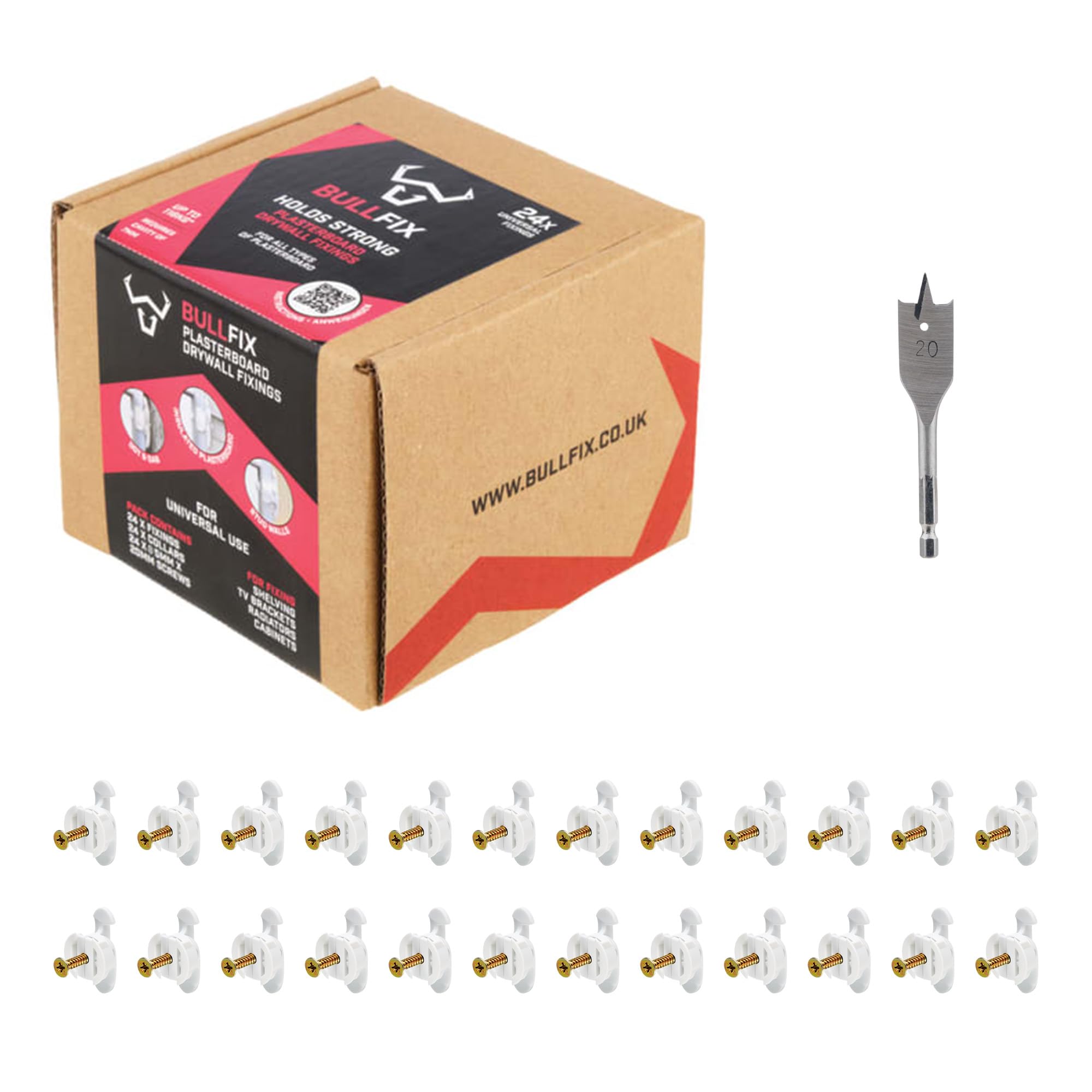 Bullfix Universal Drywall Anchors, Holds up to 255lbs, Hollow Wall Anchors, with Drill Bit and Screws Included, Stronger Than Toggle Bolts and Butterfly Screw - Patented Design - 24 Pack