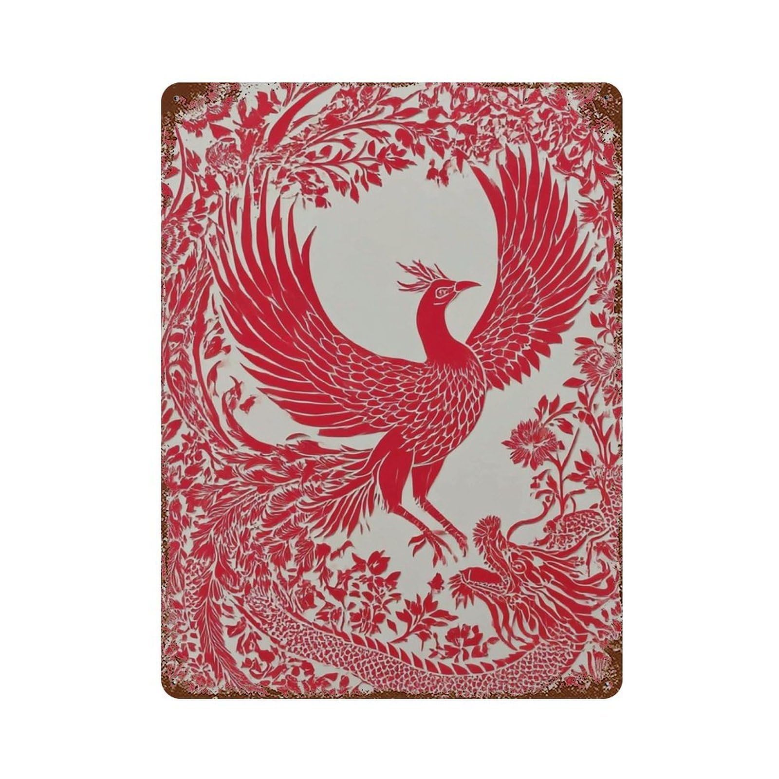 xiaoxiaoshen Red Phoenix And Dragon Chinese Mythology Fenghuang Folk Style Asian Symbolism Wall Decor Art Metal Tin Poster Modern Home Decor Art Home Bar Shop Decorations Vintage Sign 40x30cm