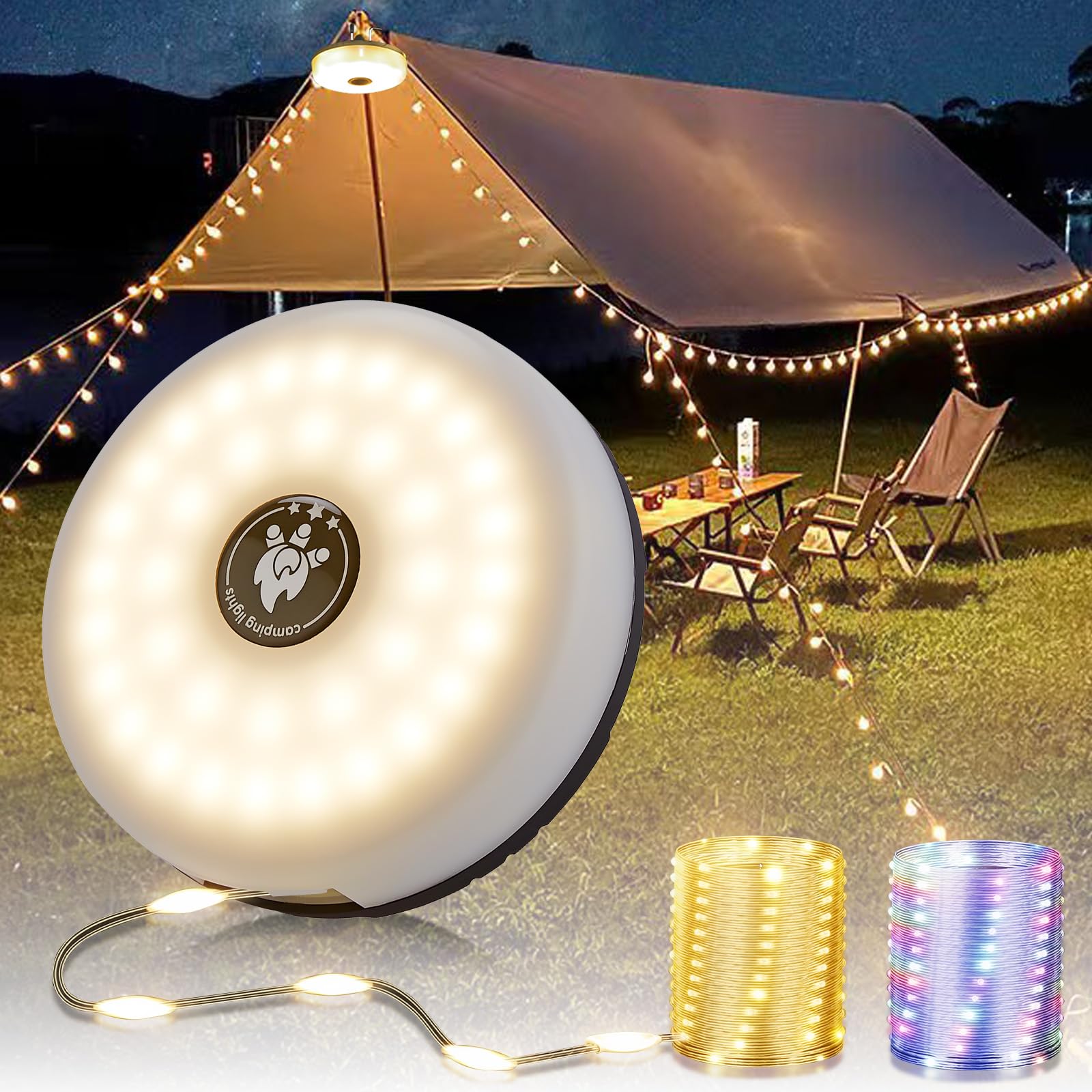 Camping Lichterkette Aufrollbar, 4-in-1 Tragbare Wiederaufladbare LED Lichterkette mit 8 Beleuchtungsmodi, Schnelle Lagerung,USB-Aufladung,10M Wasserdichte Zeltleuchten für Wandern Weihnachten,Schwarz