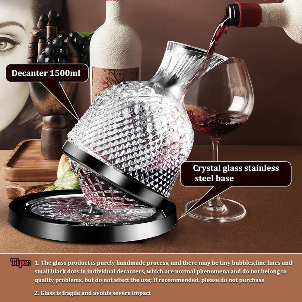 Decanter per vino rosso, 50 oz/1500 ml, decanter in , girevole a 360°, per whisky