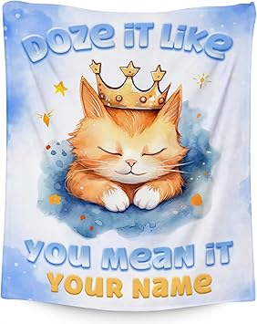 Custom Cat Blanket, Cute Soft Throw Gifts for Kids, Cozy Flannel Throw Blankets for Couch Sofa, Light Blue 30"x40"