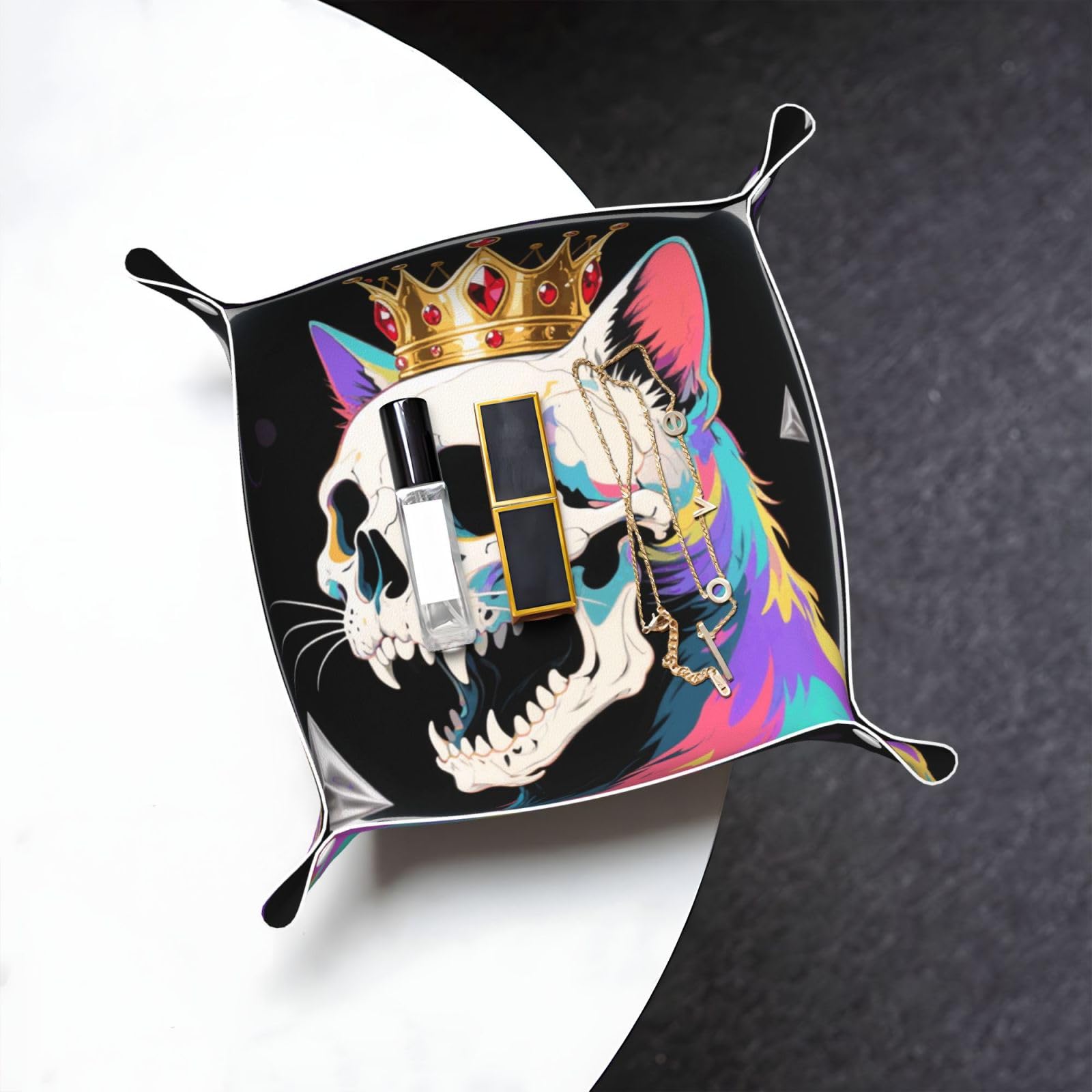 Cat Skulls Valet Tray Organizer Pu Leather Travel Catchall Tray Organizer Portable Jewelry Tray Storage Keys Tray for Entryway Table Coins Watches Candy