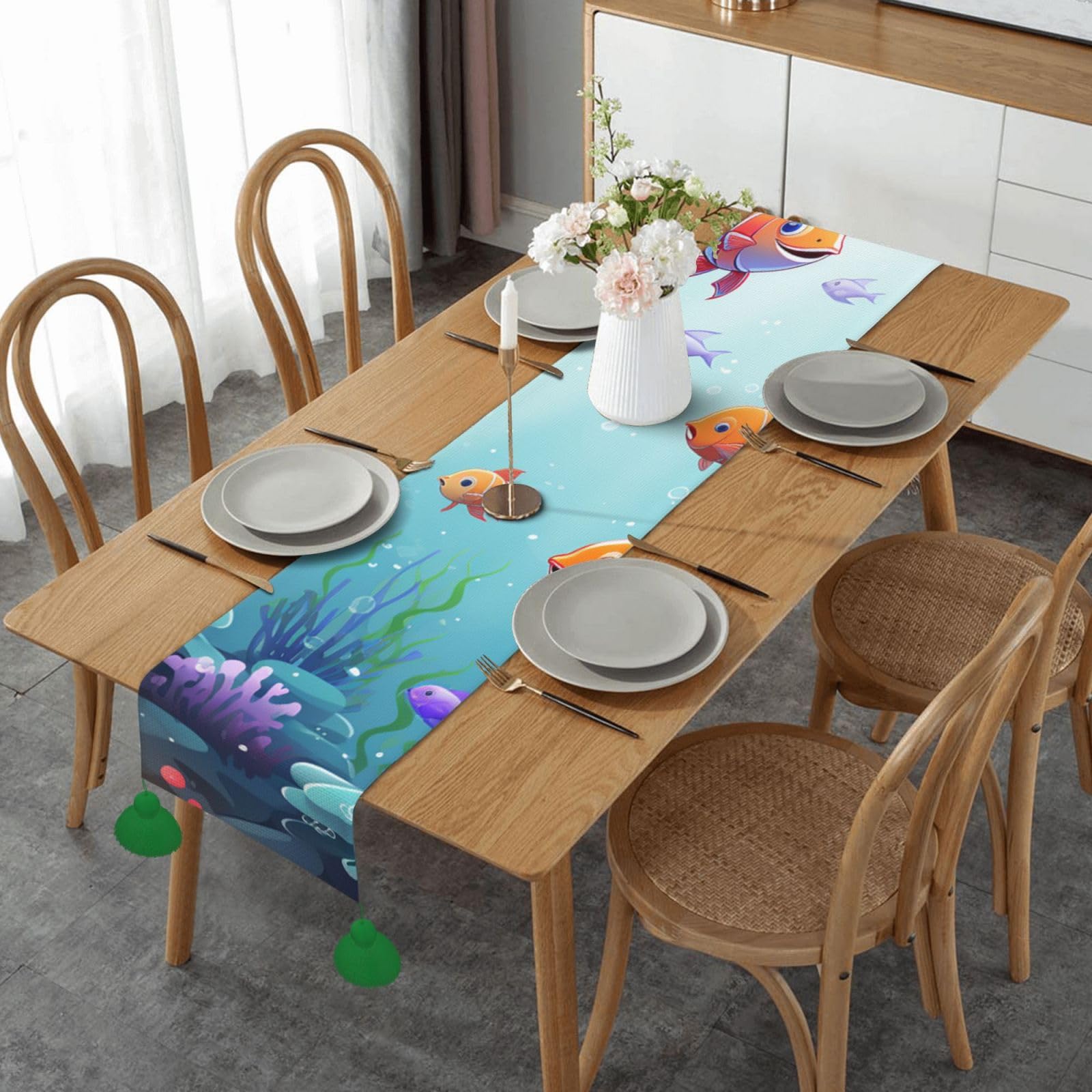 Chemin de table rustique animaux marins avec pompons 35x152 cm