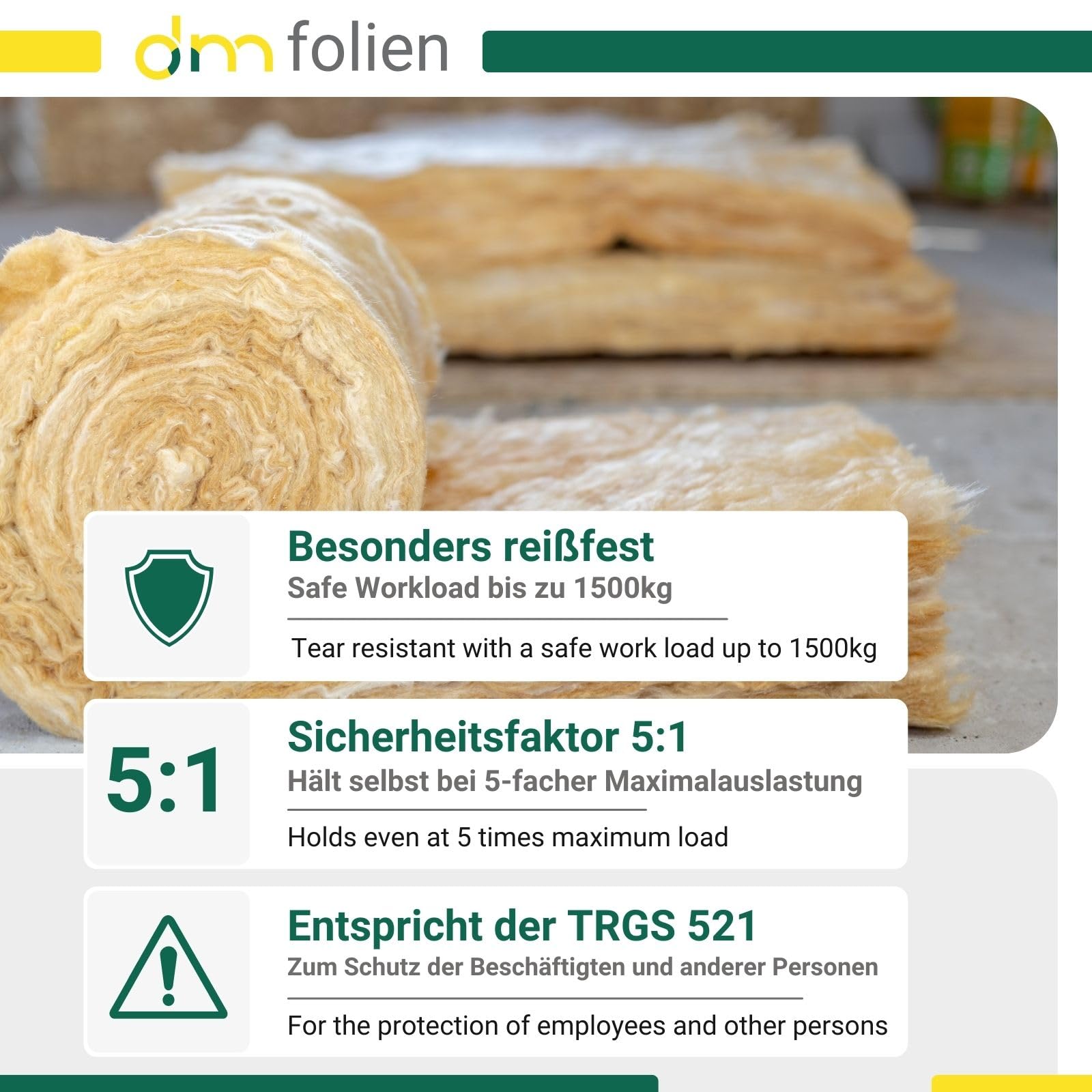 dm-folien Big Bag Mineralwolle 140x220 cm I 10 Stück I Fassungsvermögen von 700 Liter I Mineralwolle Sack mit Kordel & Hebeschlaufen I KMF Big Bag Säcke mit 85g/m² Stärke I stabil & beschichtet