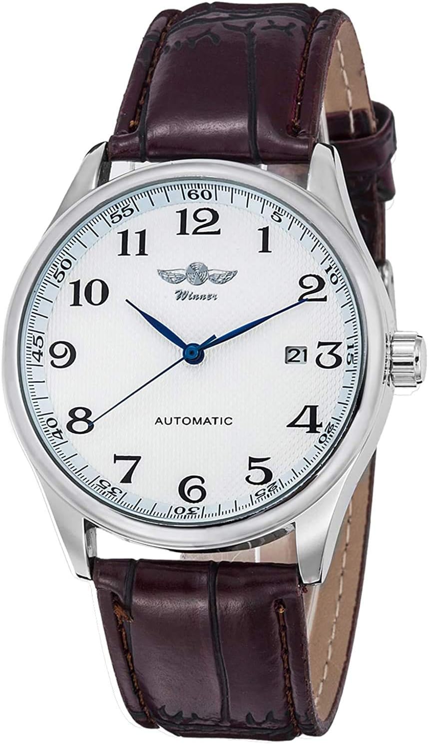 Mens Watches,Mechanical Watch White Dial Blue Hands PU Band Self-Wind Men-Standard
