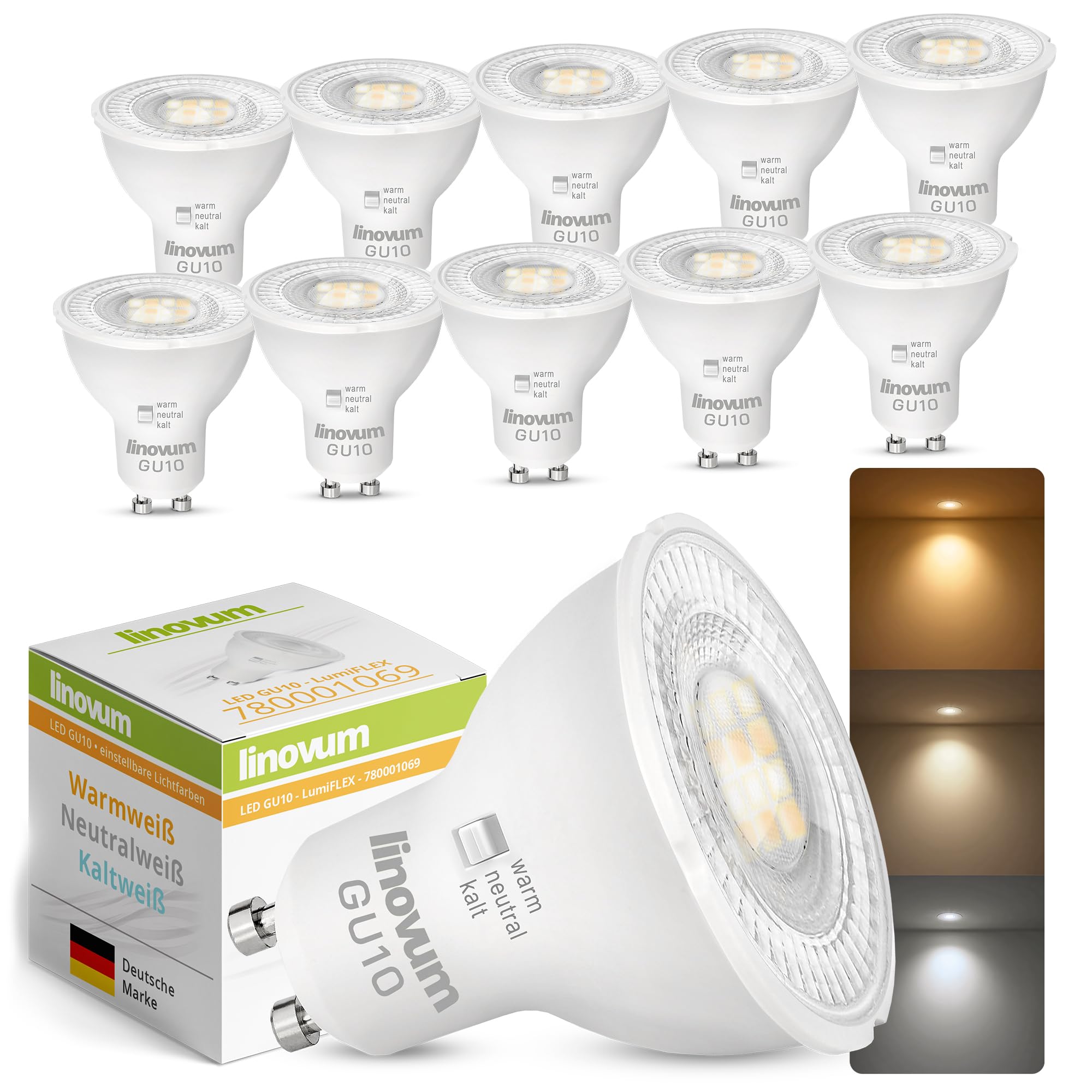 linovum LumiFLEX GU10 Birne 10er Set LED 6W CCT 3 Lichtfarben Spot dimmbar | Zehn GU10 Lampen mit 3 Lichtfarben - warmweiß, neutralweiß & tageslicht, CRI 96, Halogen-Ersatz, für Spots & Einbaustrahler