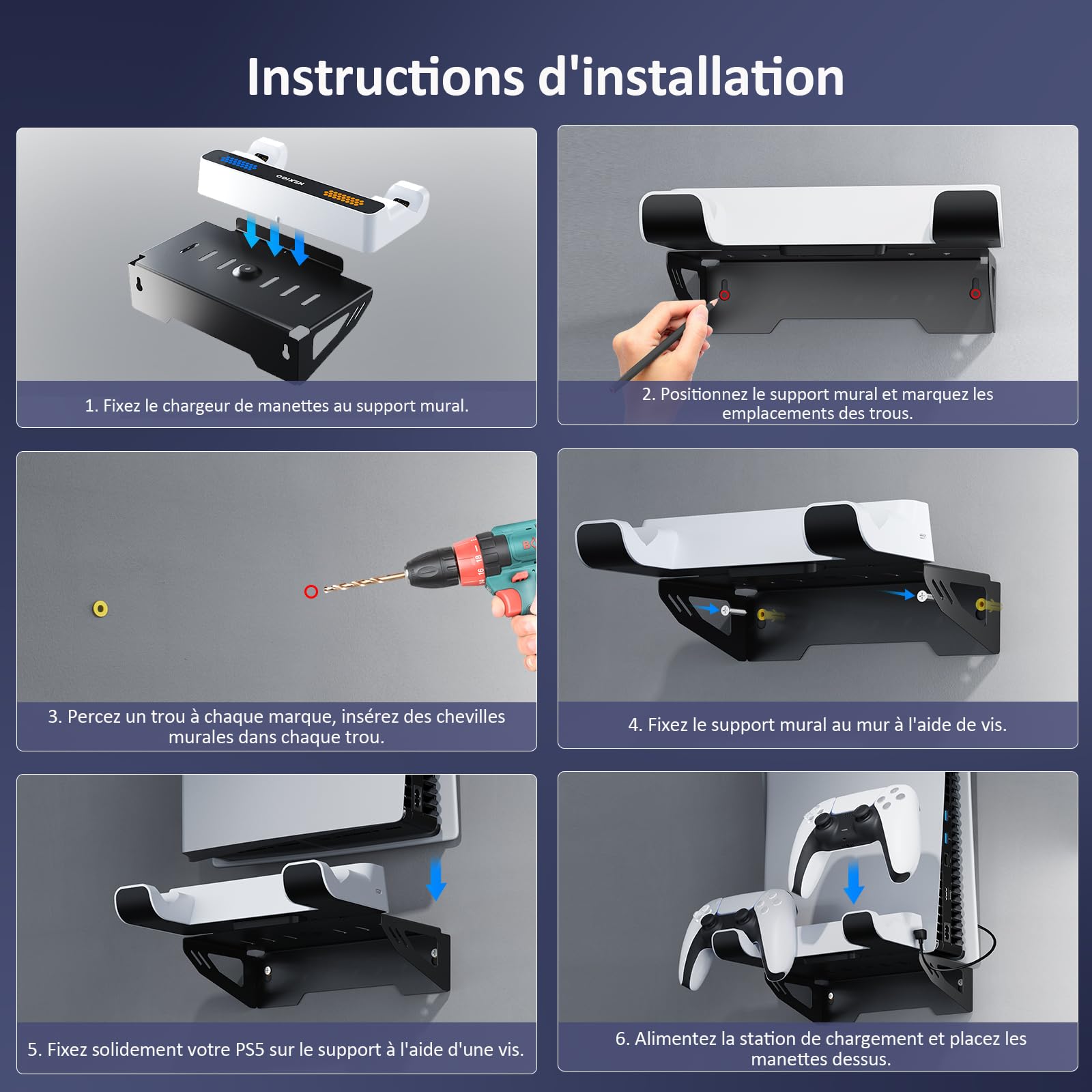 NexiGo PS5 Support Mural avec Station de Charge pour PlayStation 5 (Version Disque et numérique), Chargeurs Doubles pour Manettes, Support Mural en Acier Robuste