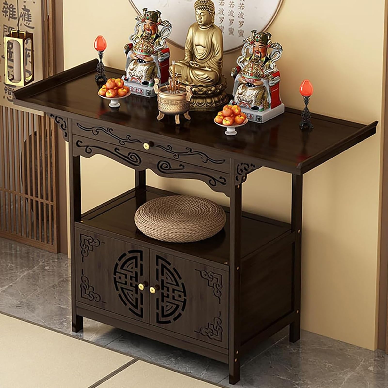 Table d'autel de méditation en bambou de 120 cm avec meuble de rangement de prière Pooja
