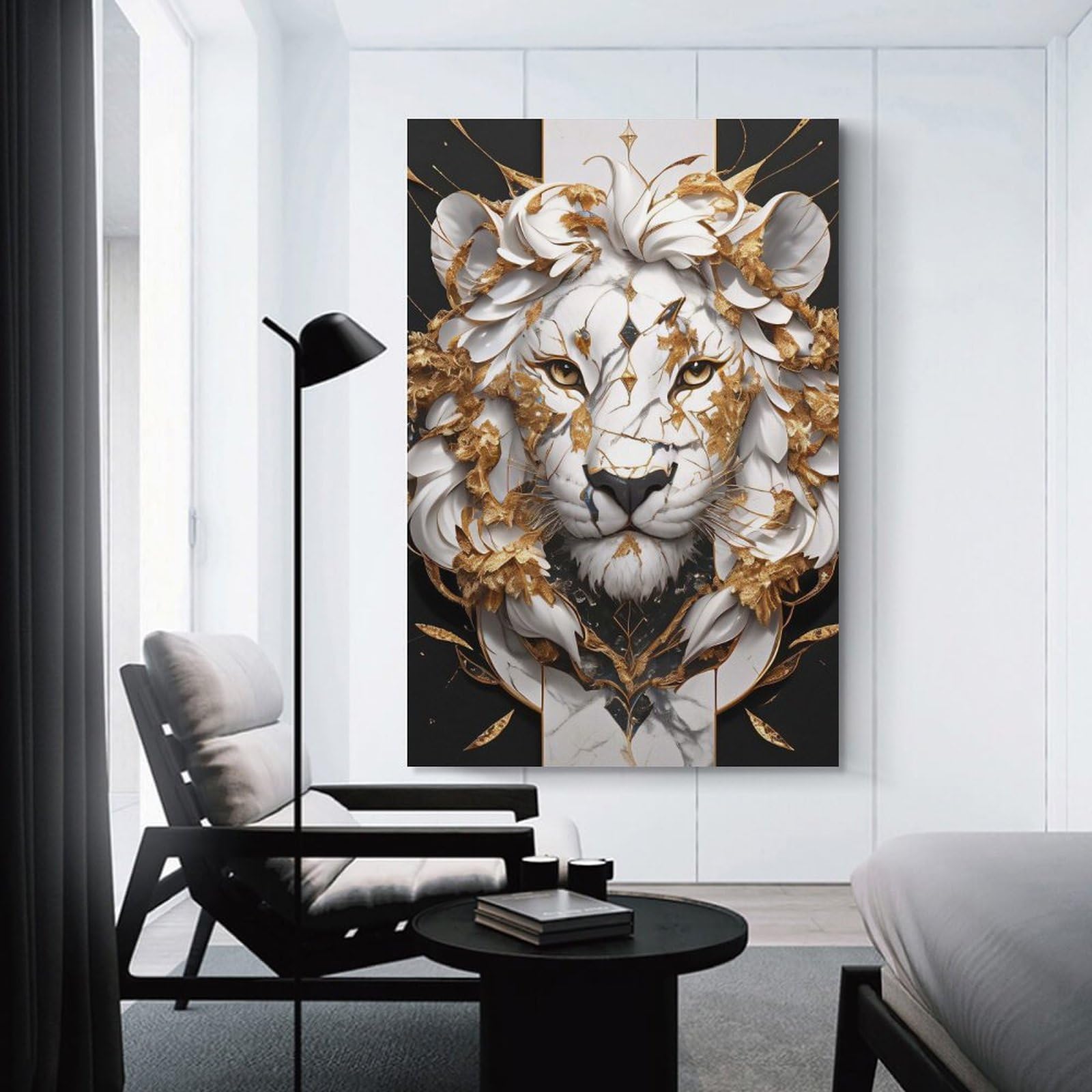 Junmoney Lion Portrait White And Gold Majesty Hanging Wall Art 08x12inch(20x30cm), for Study, Office Or Focused Interiors, Wall Art That Adds Style to Work Areas