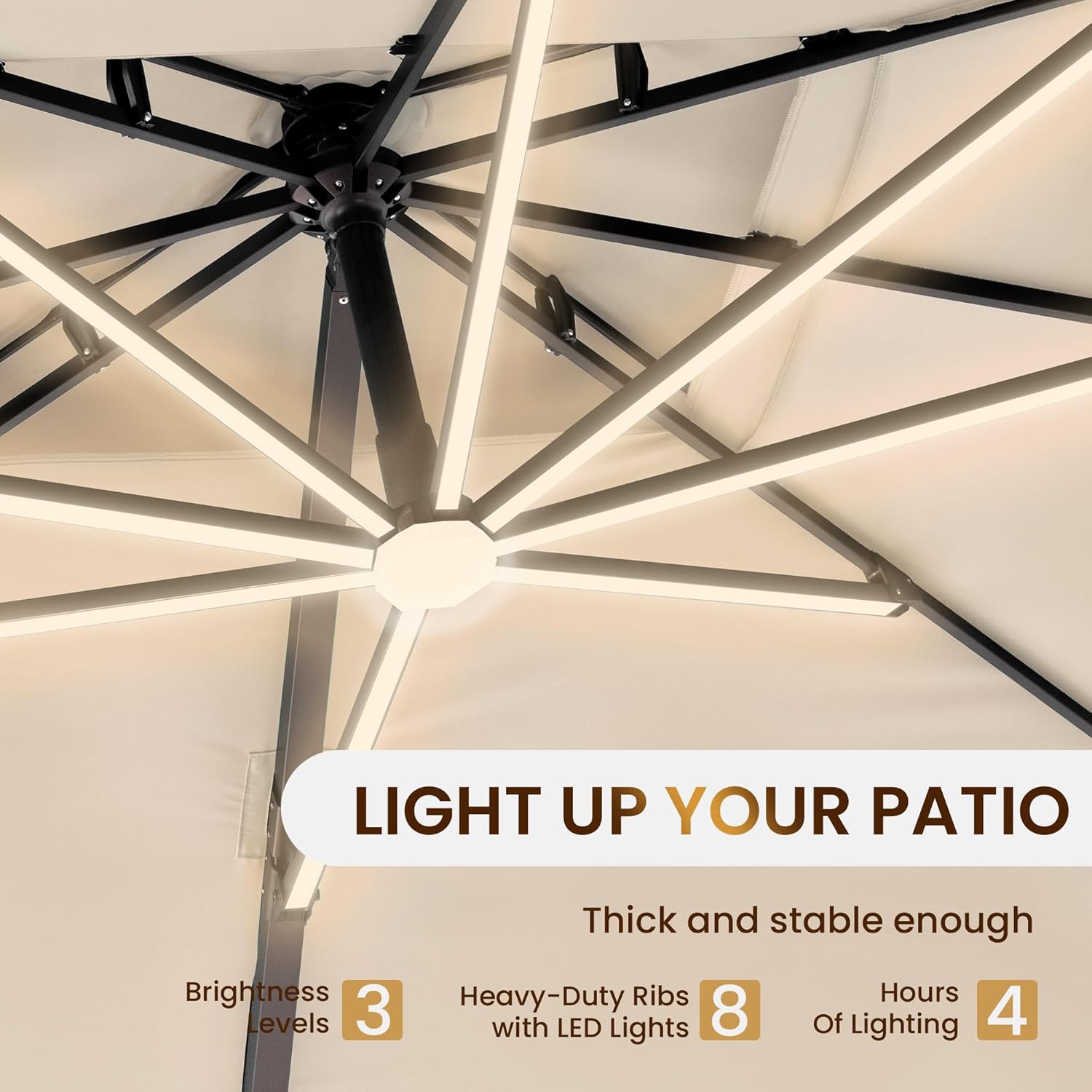 10 X 13 FT Cantilever Patio Umbrella with Led Lights and Base Included Outdoor Heavy Duty Double Top Rectangle Offset Umbrellas with 360-degree Rotation for Pool Deck Backyard, Beige - Image 2