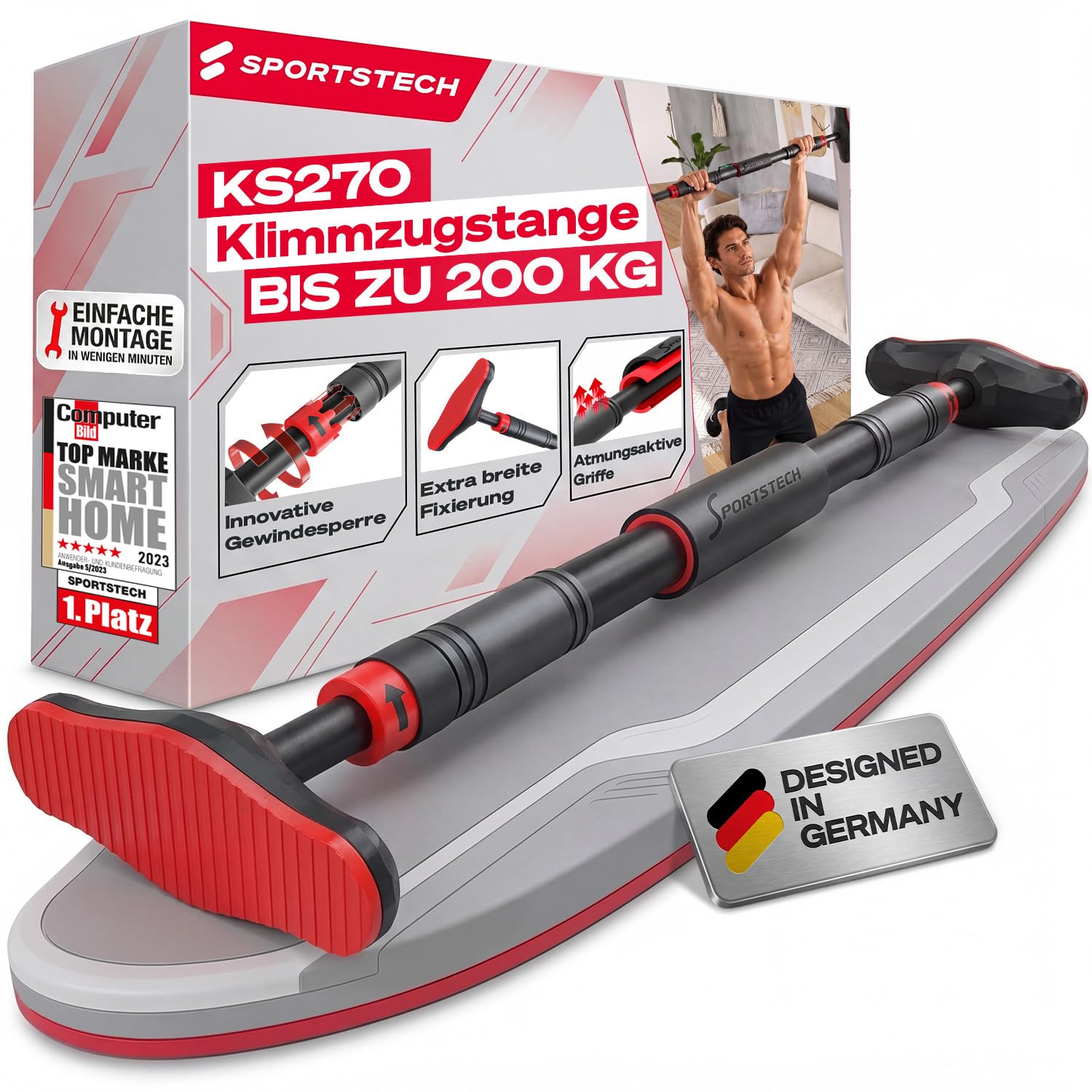 Klimmzugstange mit innovativer Gear-Lock Funktion | sicher & schnell ohne Schrauben im Türrahmen ansetzen | Indoor Pull Up Bar individuell anpassbar bis 90 cm | SPORTSTECH KS260 / KS270 inkl. eBook
