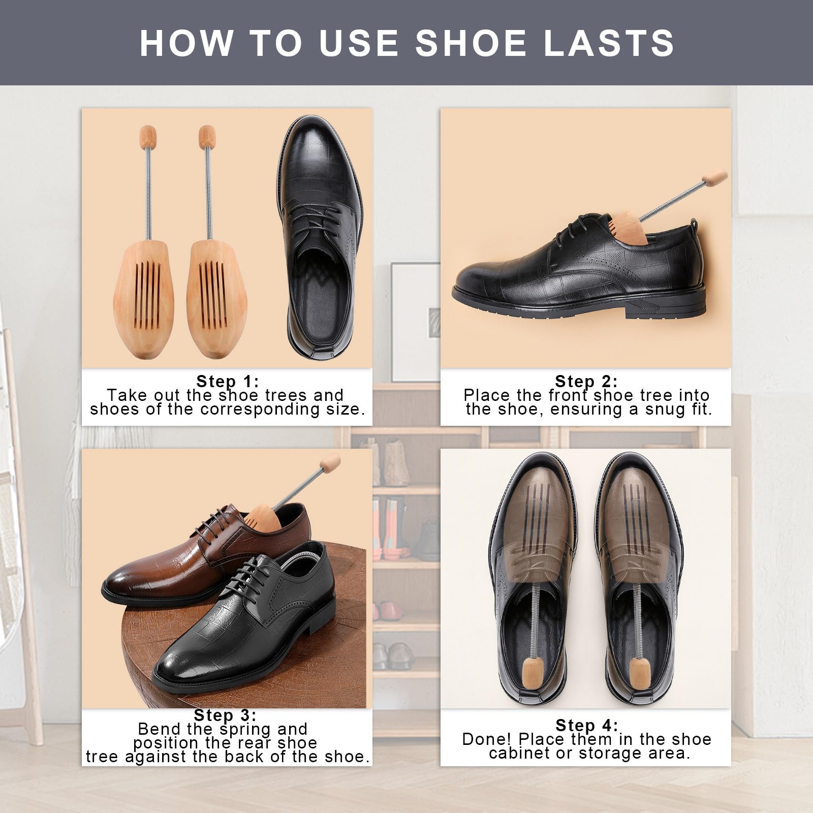 Árboles de madera para zapatos (paquete de 2) con cepillo de crin de caballo, estiradores de zapatos ajustables para hombres y mujeres para mantener la forma y reducir las arrugas, kit de