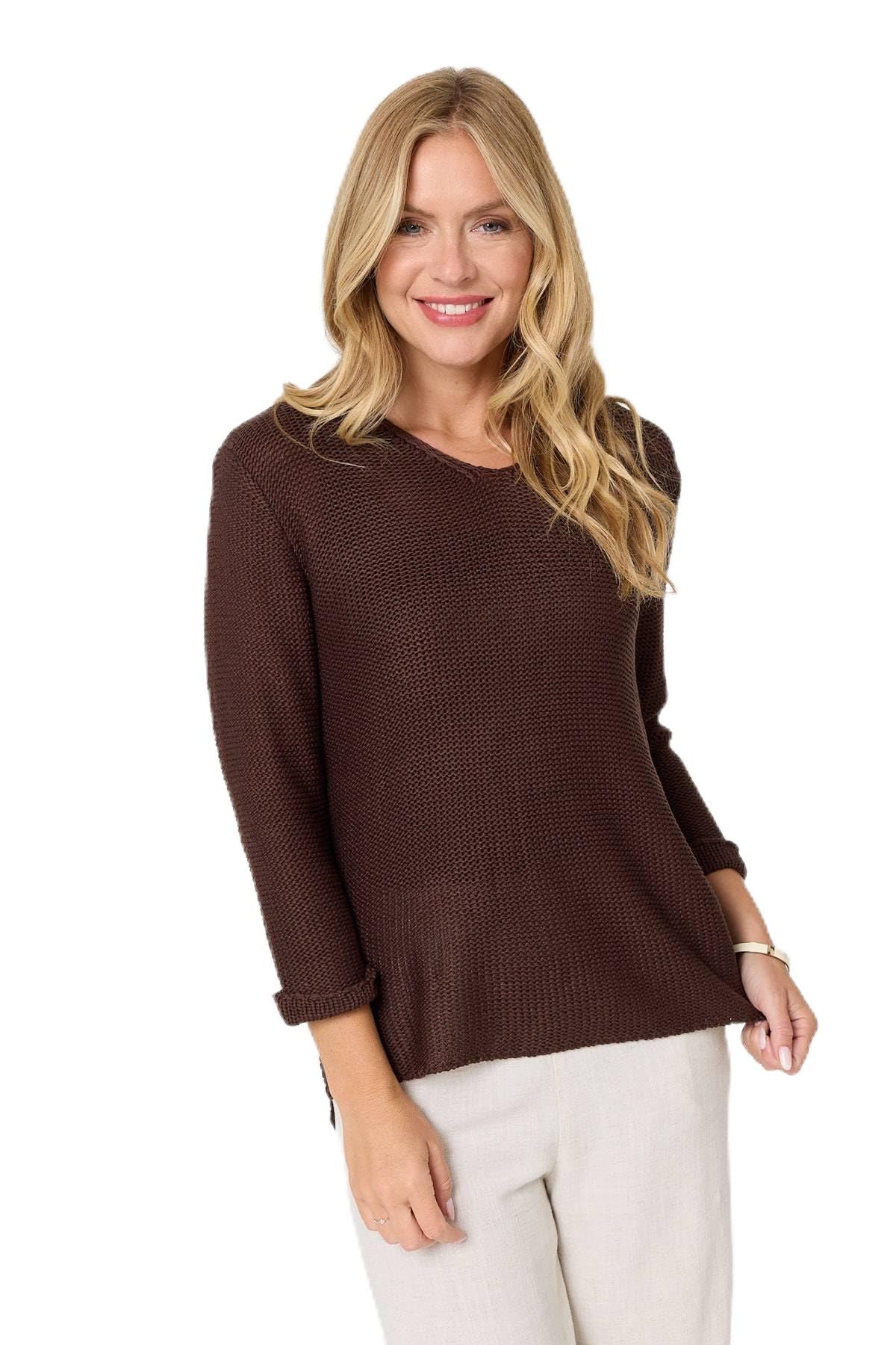 Izabel London Women's Mesh Texture 3/4 Sleeve Relaxed Top in Brown | Size: 8-10