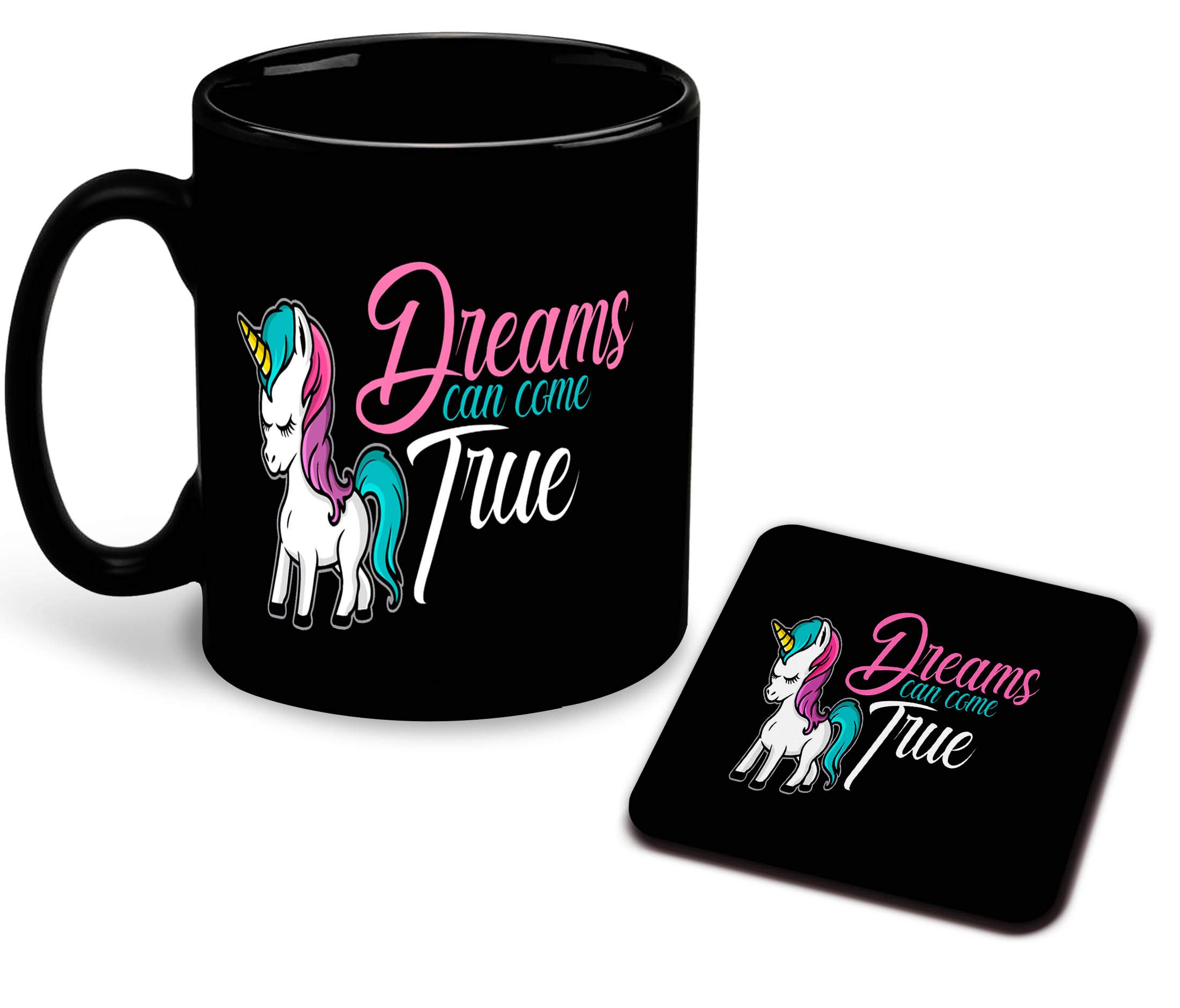 WHATS YOUR KICK - Unicorn Inspired Printed Black Inner Colour Ceramic Patch Coffee Mug with Coaster | Drink | Milk Cup - Best Gift | Unicorn, for Birthday, Occasion, Girls, Kids (Multi 3)