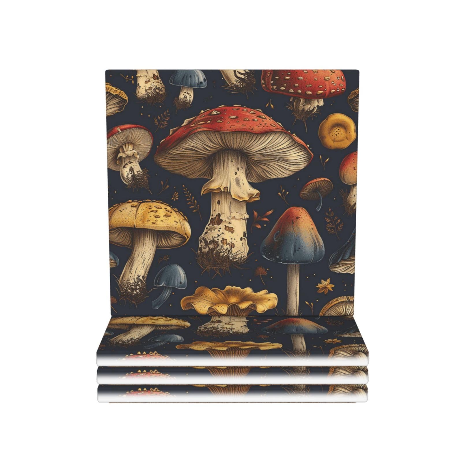 Drink Coasters Set of 4 Ceramic Coaster Mushroom Coasters for Drinks Cups Mugs Mat Pads Absorbent Non-Slip Decorative Cup Coaster for Coffee Table Kitchen Bar Home Decor