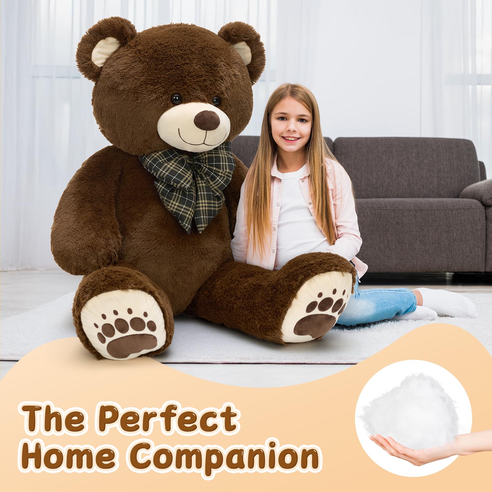 MorisMos Orsacchiotto gigante 120 cm, marrone scuro con papillon a quadri. Morbido e coccoloso. Perfetto per compleanno/Natale, per bambini e adolescenti. Facile manutenzione