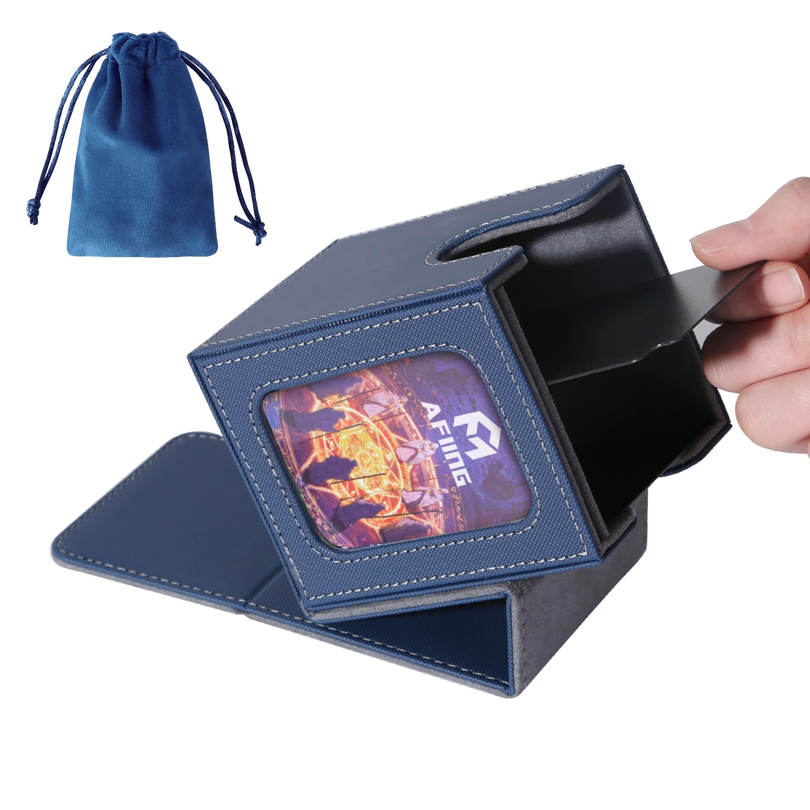 - MTG Deck Box for Commander Display,Card Deck Box Fits 100 Double Sleeved Cards, Magic Commander TCG Card Storage with 2 Dividers,Dice Bag and 1 Toploader(Blue/Grey)