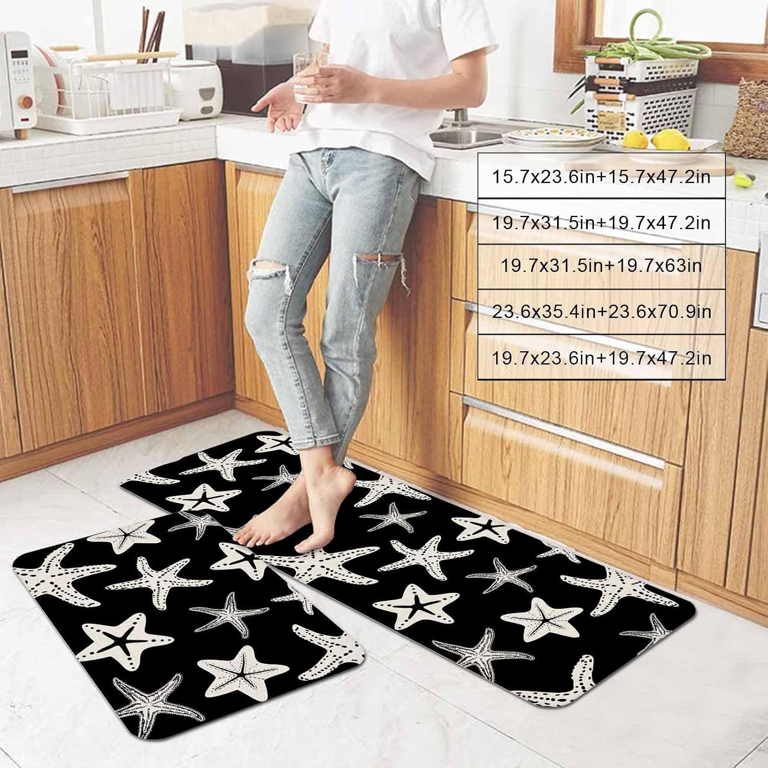 Starfish Kitchen Mats Set of 2 Summer Beach Nautical Ocean Sea Star Marine Life Black Non Slip Mat Washable Floor Rug for Kitchen Sink Floor Laundry, 20"x24"+20"x48"