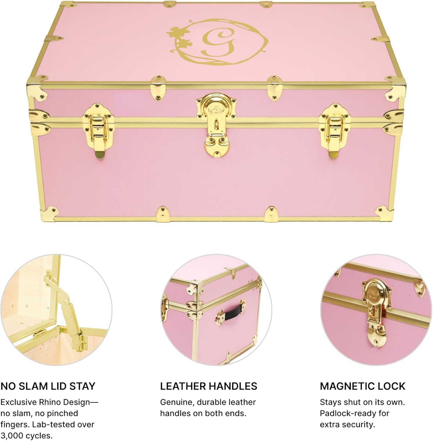 Rhino Trunk & Case Spellbinding Pink Trunk with Gold Hardware & Monogram Customization - 30"x17"x13" Footlocker for College Dorm, Summer Camp, Decorative Bedroom Treasure Chest, Keepsake Storage Box