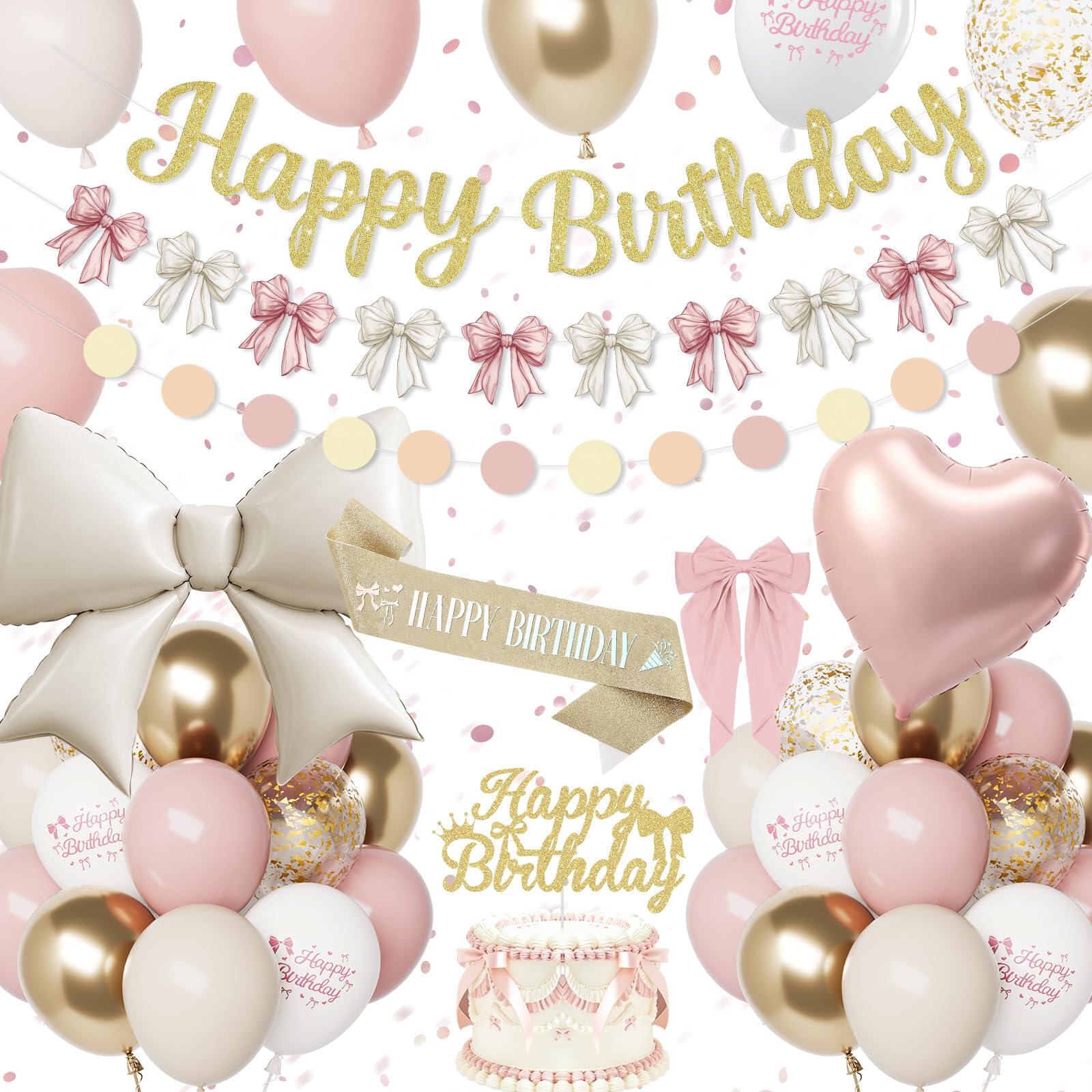 Pink Birthday Decorations for Women, Dusty Pink Gold Bow Party Decorations Set Happy Birthday Banner, Dusty Rose Beige Balloons, Bow Foil Balloon, Hair Clips, Sash, Girls Women Coquette Party Supplies