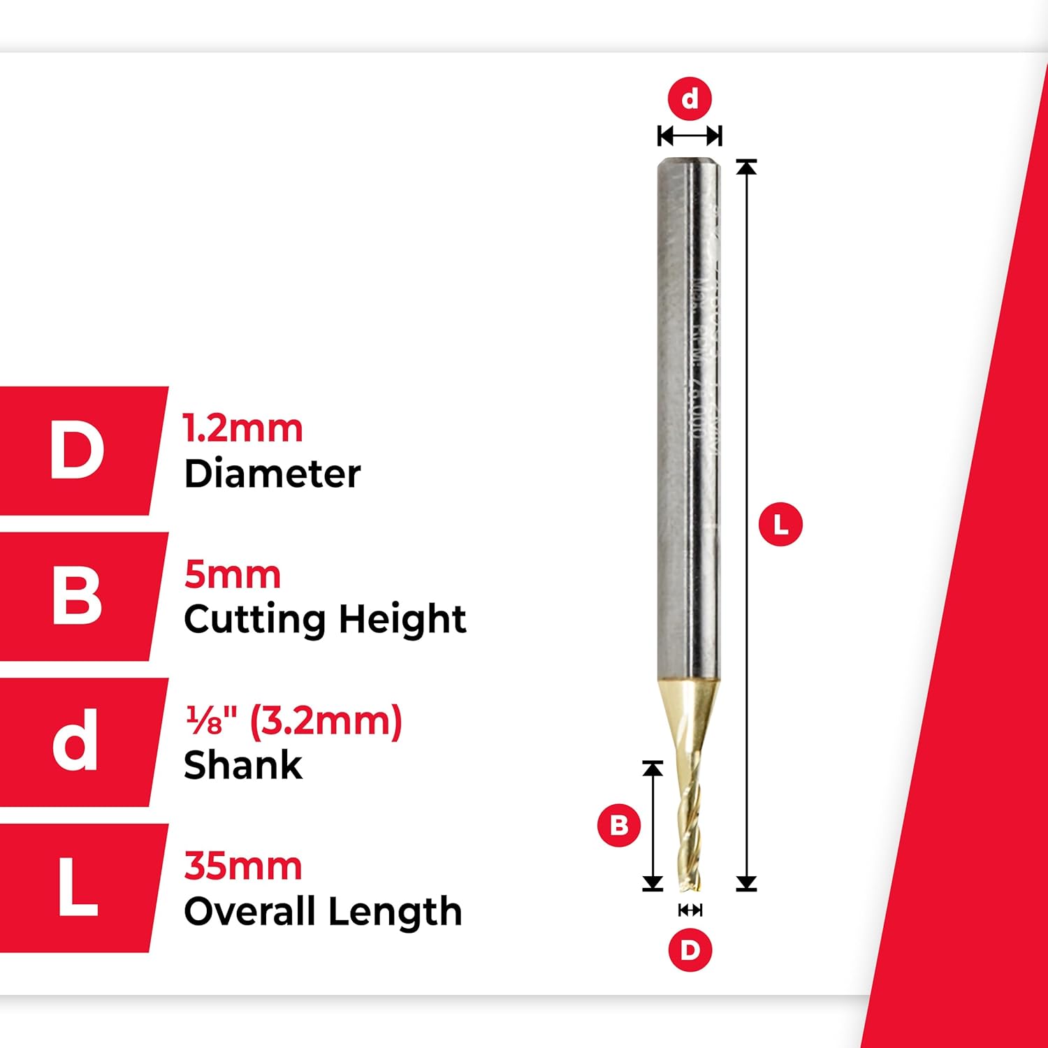 Amana Tool CNC Solid Carbide Up-Spiral Router Bit for Composite, Fiberglass, Phenolic, ZrN Coated, 46093, 1.2mm Dia x 5mm x 1/8 Shank x 35mm Long