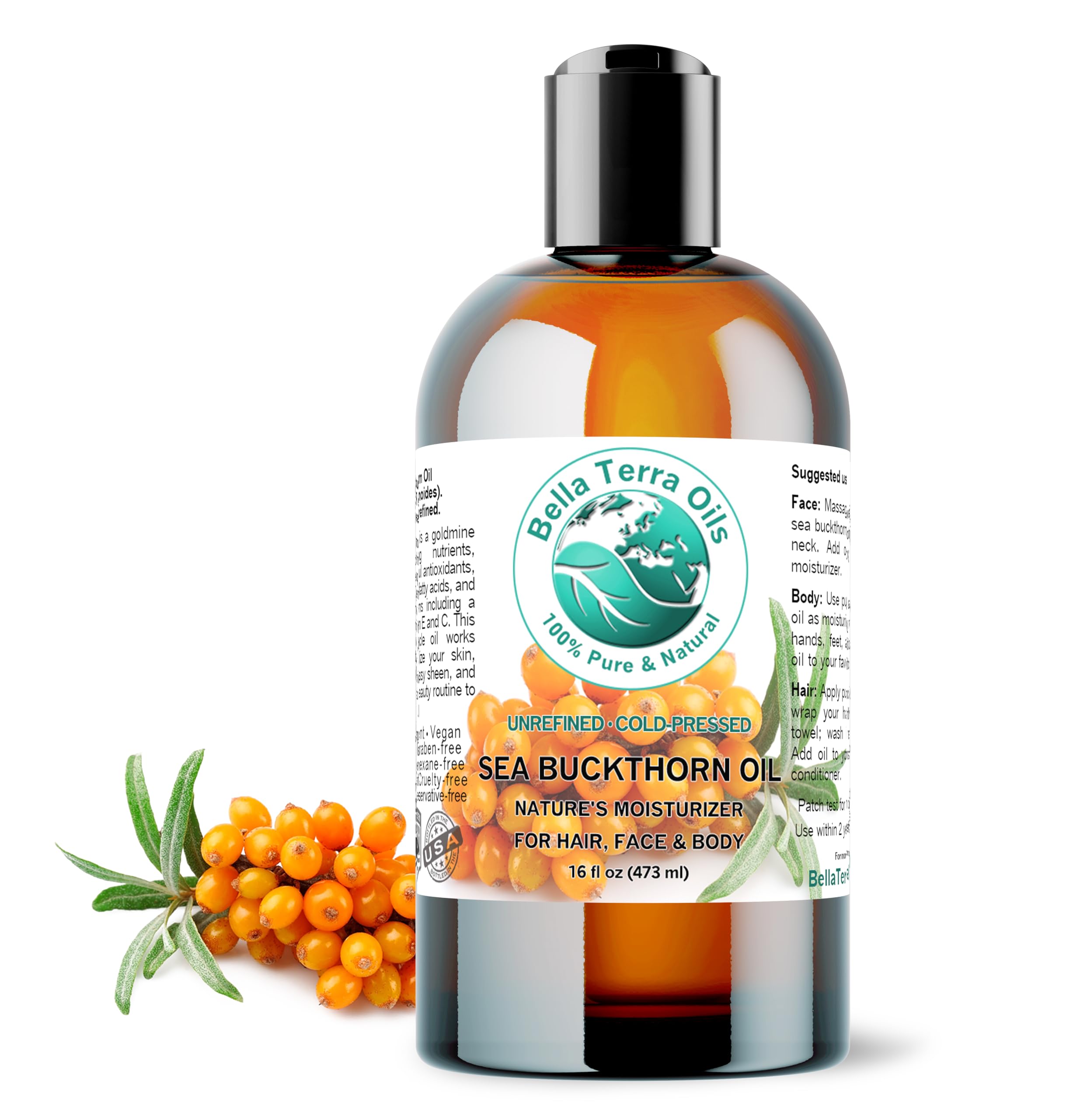 Bella Terra Oils - Sea Buckthorn Oil 16 oz - Capturing the Essence of Organic Sea Buckthorn Berries, Loaded with Omega-7 & Omega-9, A Sumptuous