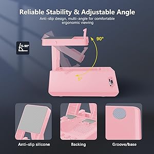 Gifts for Women/Girls, Phone Stand with Bluetooth Speaker & LED Alarm Clock, 12H Playtime&Anti-Slip Base, Hands-Free for Home Cooking/Office, Thoughtful for Mom, Grandma, Wife (Pink)
