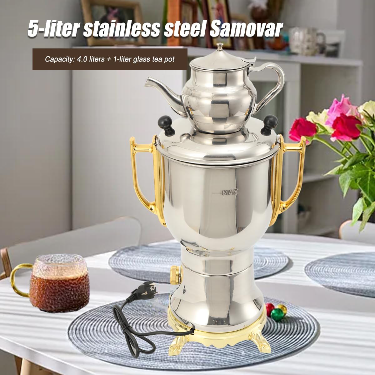 Edelstahl Holzkohle Samowar 5L, Russischer/Türkischer Samowar Elektrischer Teekocher, 4.0L Wasserbehälter + 1.0L Teekanne, 1800W Teekocher elektrisch für Hotel & Gastro geeignet