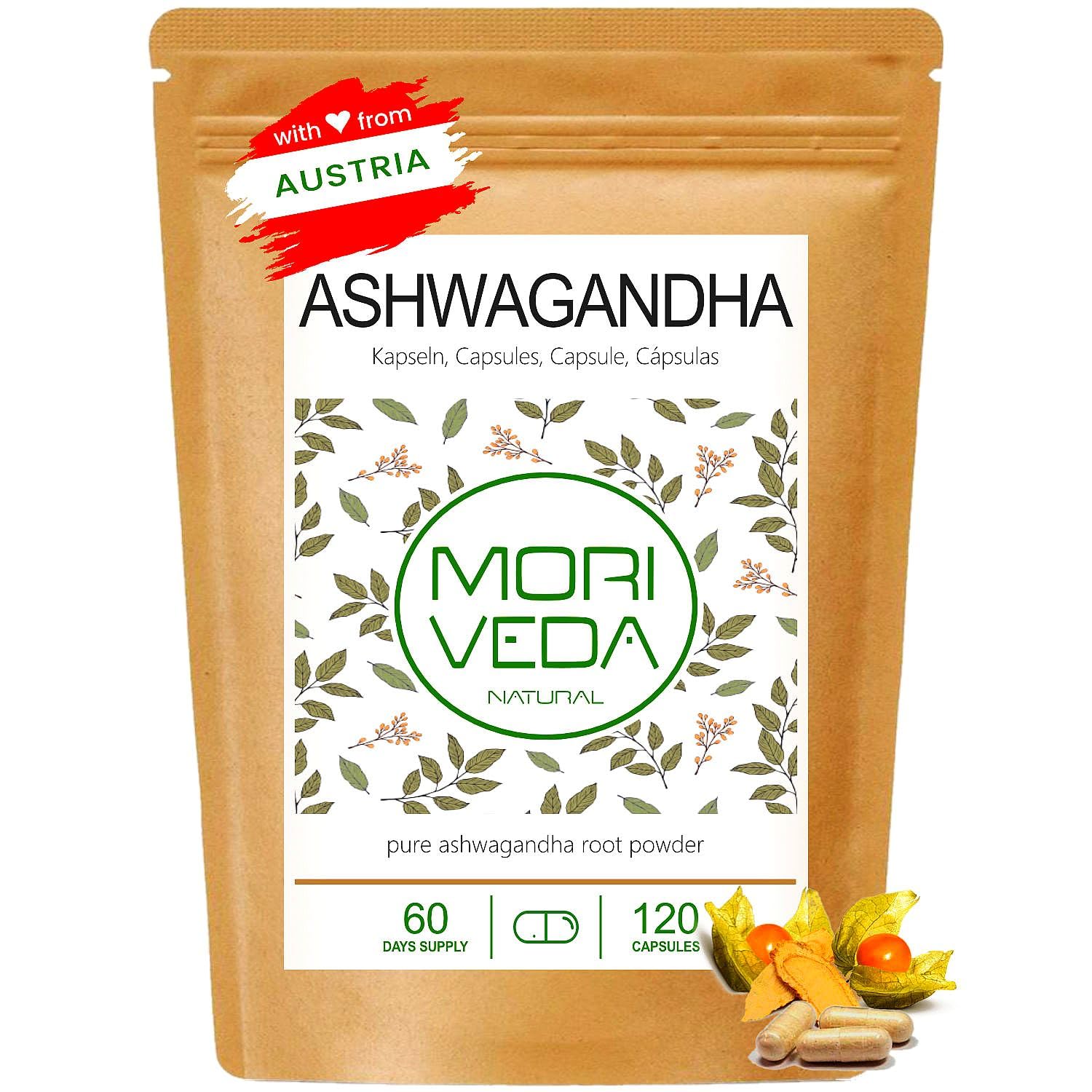 Ashwagandha capsule 1200mg - 100% polvere di radice - 60 giorni di fornitura - l'equilibrio, la qualità della vita e la pace interiore - dall'India - vegan e senza glutine - da MoriVeda - 120 pezzi