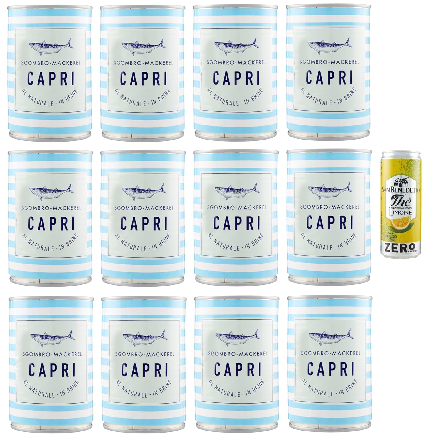 Capri Sgombro al Naturale Lot de 12 boîtes de 425 g de maquereau naturel + 1 paquet de thé glacé San Benedetto au citron sans sucre Boîte de 330 ml