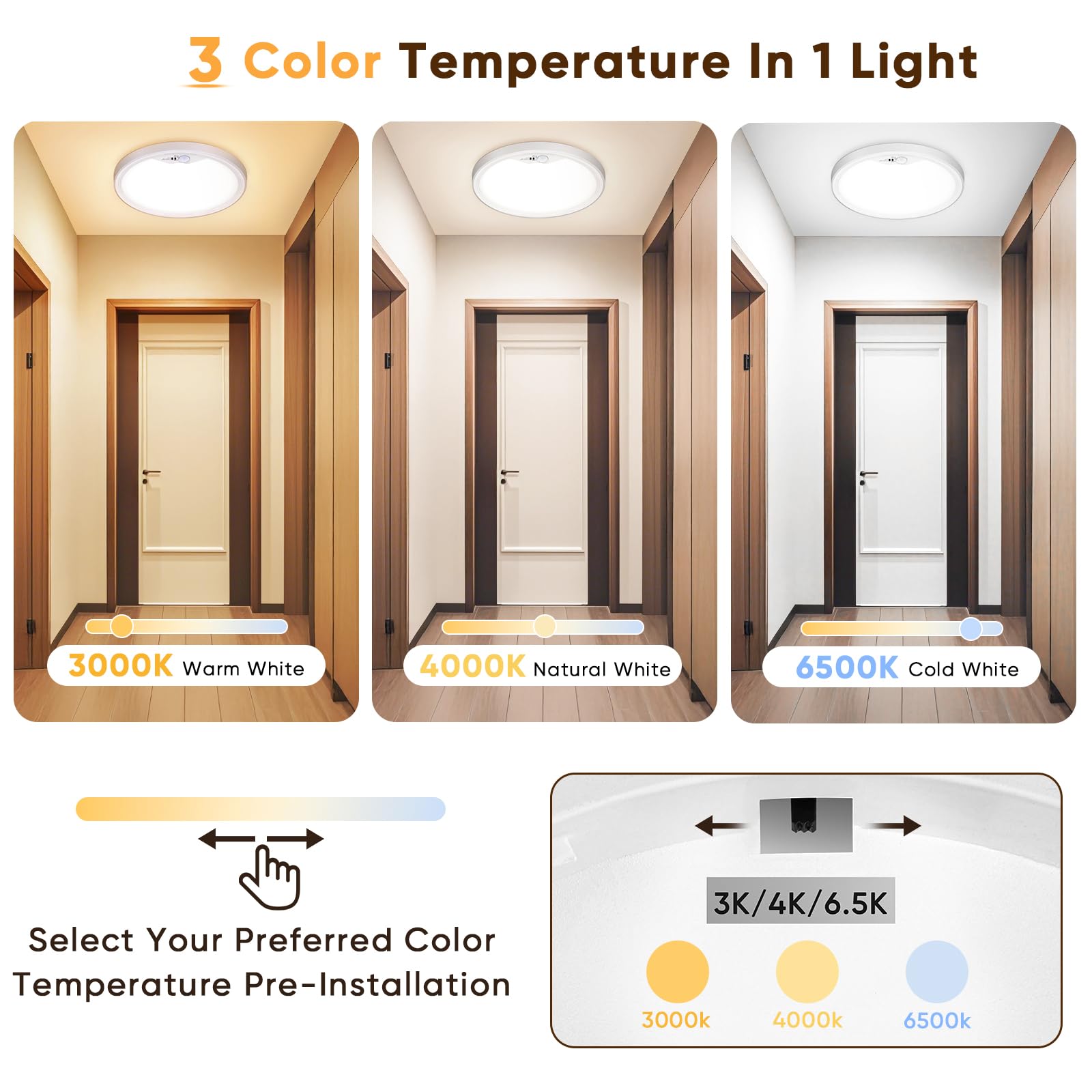NIBSHOOM plafon led techo 3000K/4000K/6500K,2PCS luz led con sensor de movimiento 18W/1800LM/IP44 Impermeable lampara techo para Pasillo Escalera Balcón Garaje Baño Ø22cm