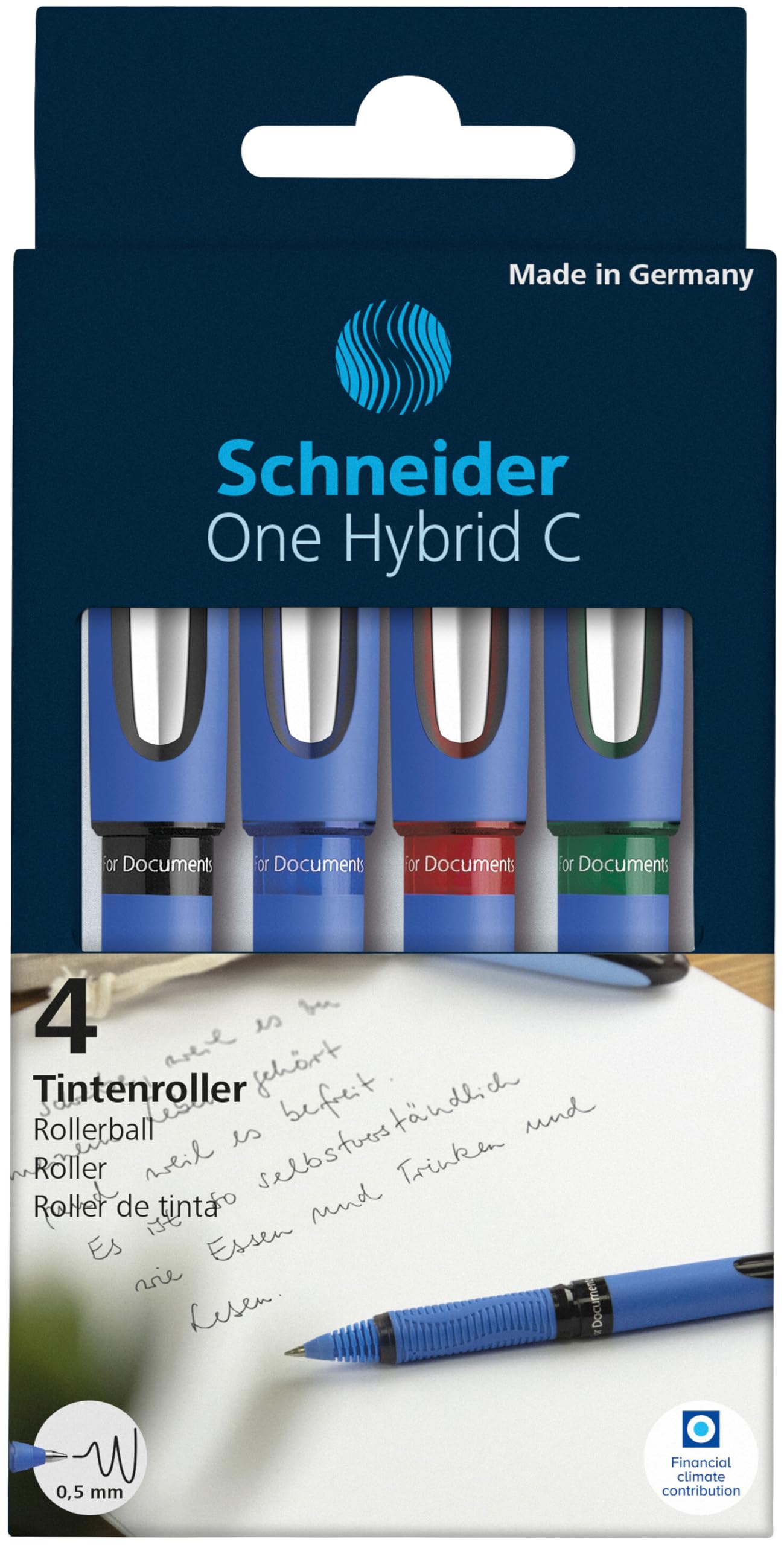 Schneider 183294 One Hybrid C 5 pióro kulkowe (odporne na dokumenty o grubości kreski 0,5 mm i końcówce hybrydowej), 4 sztuki, czarne, niebieskie, czerwone, zielone