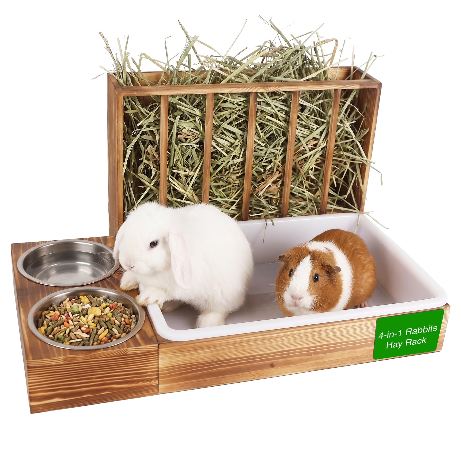 Mangeoire à Foin pour Lapin avec 2 Gamelles, 4 en 1 Couleur Noyer | Distributeur de Nourriture en Bois, pour Lapins, Cochons d'Inde, Chinchillas, Lapins et Autres Petits Animaux 54x36,5x28 cm