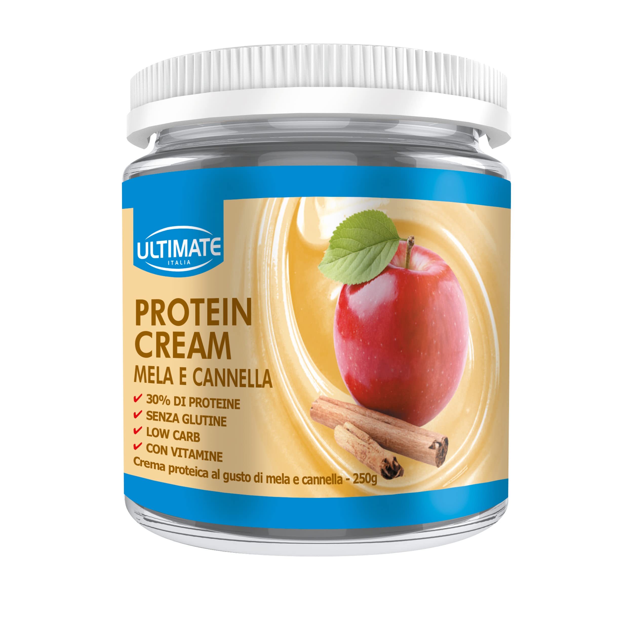 Ultimate Italia - Crema proteica al 30% spalmabile, senza zuccheri - 250g - gusto mela e cannella - poche calorie, senza glutine, con vitamine