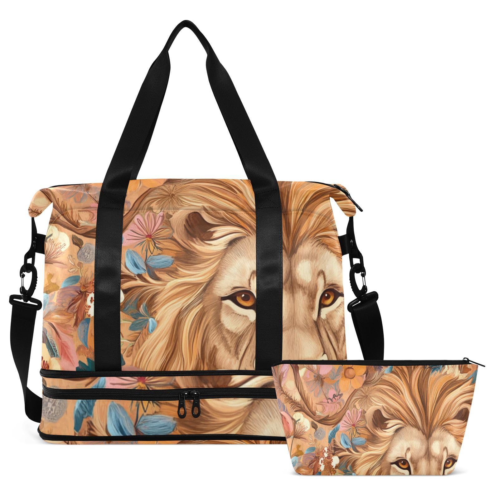 Bolsa de lona para fin de semana con bolsillo húmedo y correa ajustable, diseño de flores de león, para entrenamiento, juego de 2 piezas para hombres y mujeres