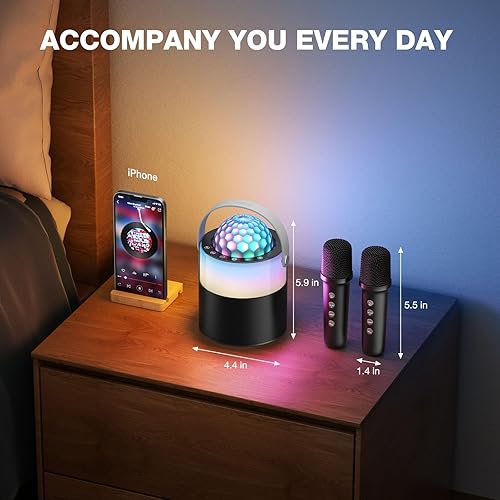 Miniatura 4 de Mini máquina de karaoke para niños y adultos con 2 micrófonos inalámbricos, mini altavoz Bluetooth portátil, máquina de canto inalámbrica, luces LED