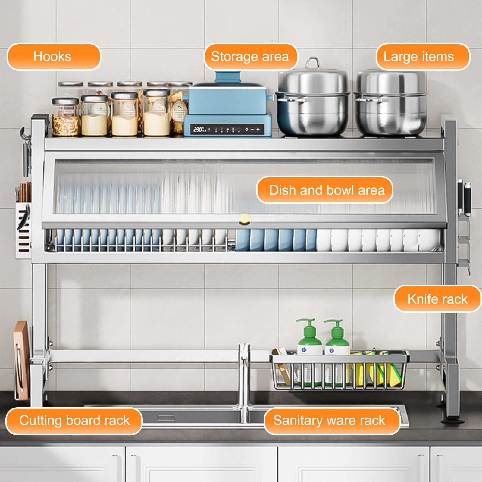 Escurridor de Platos Grande con Tapa escurridor de Platos sobre el Fregadero Gran Capacidad diseño Que Ahorra Espacio Almacenamiento y organización de Cocina (75 cm/29 5 Pulgadas)