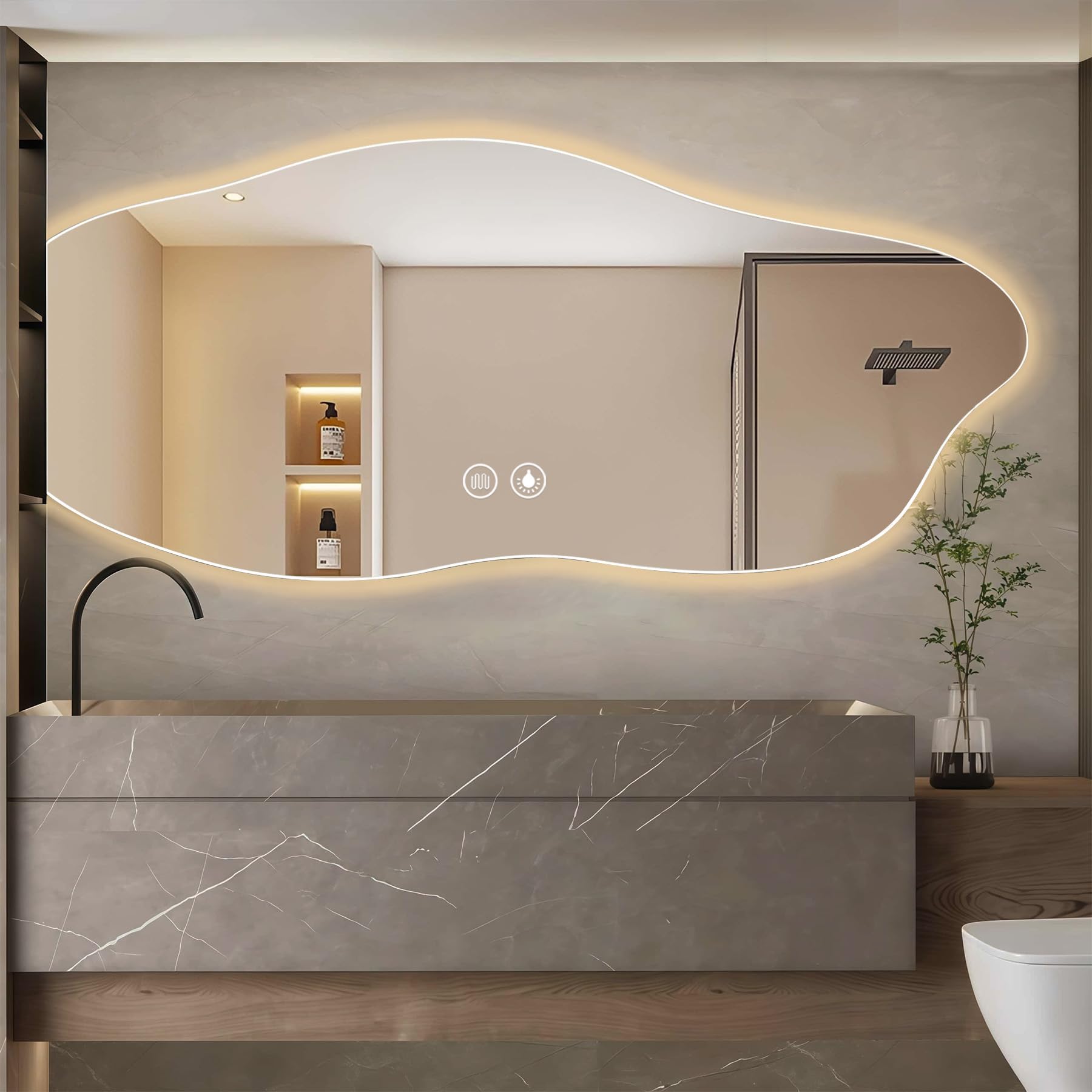 Asymétrique Miroir Salle de Bain avec Eclairage, 120×60cm LED Miroir Lumineux Mural avec lumière réglable 3 Couleurs, Dimmable, Anti-buée, Mémoire, Grand Miroirs Connecté Decoration, IP54