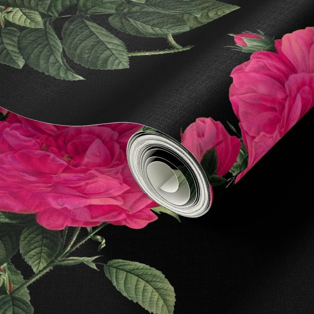 Peel & Stick Wallpaper Swatch - Rose Hot Pink Black Floral Roses Romantic Fuchsia Spring Custom Removable Wallpaper by Spoonflower