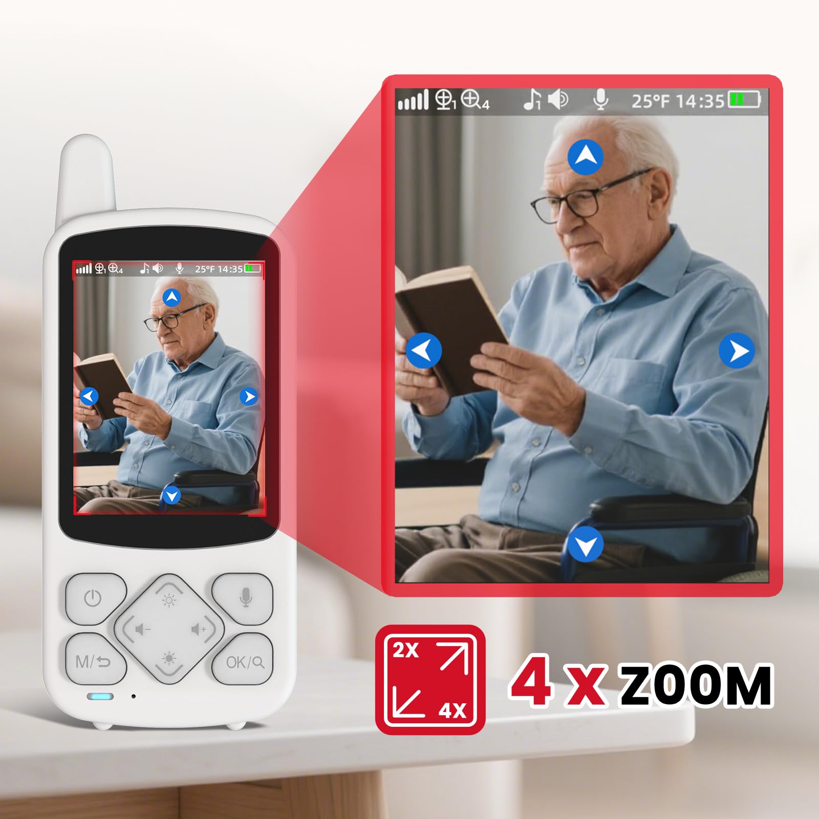 CallToU Schwenkbare Babyphone für Senioren mit Zwei-Wege-Audio | Ohne WLAN; Temperaturüberwachung; Medikamentenerinnerung; 720p, Infrarot Nachtsicht, SOS Notrufknopf